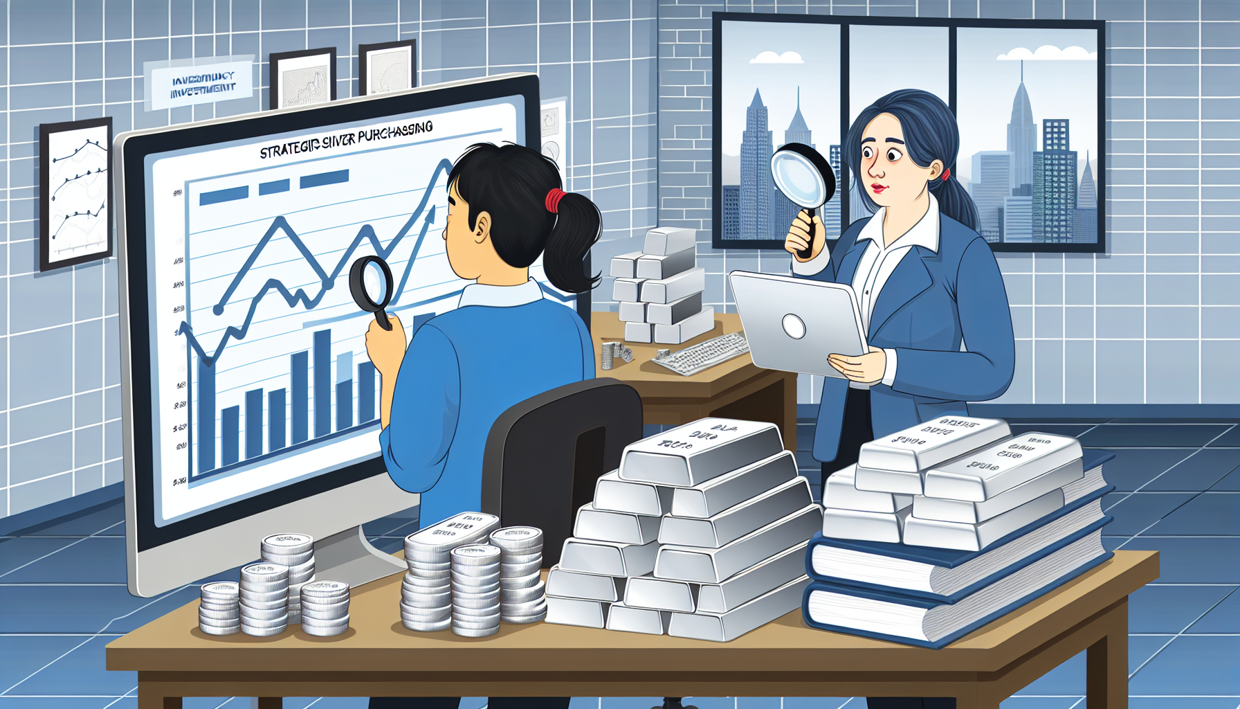 Eine Illustration eines strategischen Silberankaufsszenarios. Eine Frau kaukasischer Abstammung recherchiert und studiert gewissenhaft Marktgrafiken und -trends an ihrem Computer, w&Atilde;&curren;hrend ein asiatischer Mann physische Silberbarren h&Atilde;&curren;lt und diese mit einer Lupe untersucht. Der Raum ist mit Stapeln von Silberm&Atilde;&frac14;nzen und -barren gef&Atilde;&frac14;llt, was auf eine erhebliche Investition hinweist. Relevante B&Atilde;&frac14;cher &Atilde;&frac14;ber Wirtschaft und Silber als Rohstoff liegen verstreut auf dem Tisch. Durch das Fenster ist eine Stadtsilhouette zu sehen, was auf ihre Lage im Finanzviertel hindeutet.