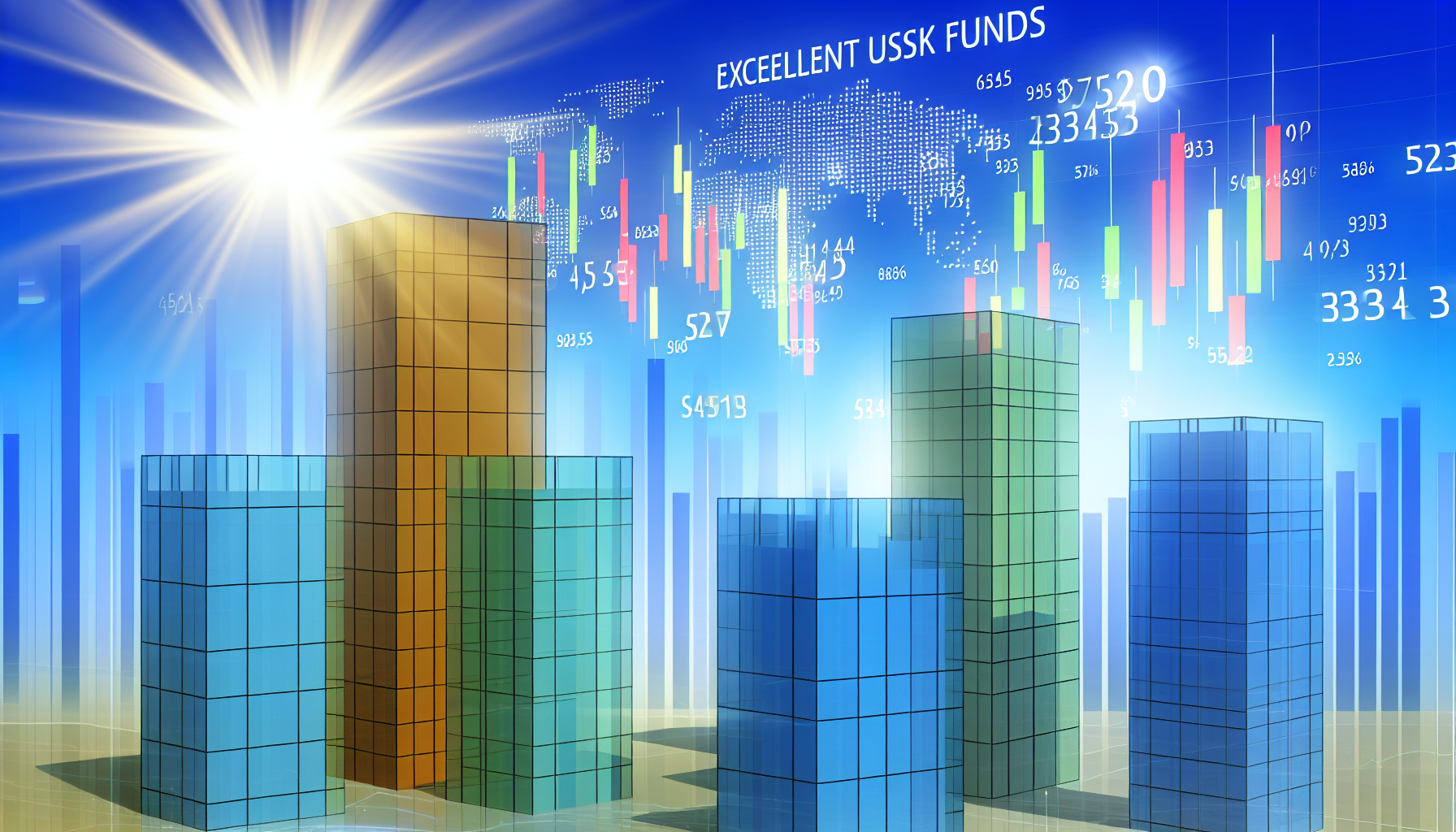 Illustration erstklassiger US&acirc;€‘Aktienfonds, dargestellt als verschiedene hohe Glast&Atilde;&frac14;rme; digitale Zahlen und Grafiken schweben um sie herum und zeigen Wachstum und Wohlstand. Der Hintergrund ist ein klarer blauer Himmel mit einer strahlenden Sonne. Die Fonds sind in unterschiedlichen Farben dargestellt, um ihre jeweiligen Identit&Atilde;&curren;ten zu symbolisieren.