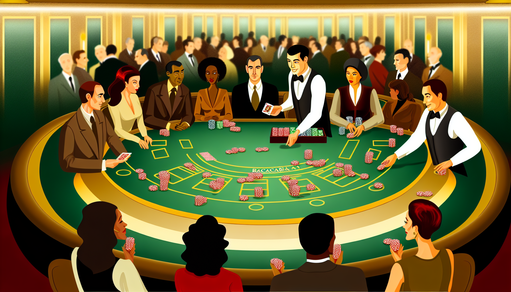 Eine Illustration einer Baccarat-Spielszene, die einen Spieltisch mit typischen Baccarat-Elementen zeigt. Personen unterschiedlichen Geschlechts und verschiedener Herkunft sitzen darum herum, einige halten Spielkarten, andere setzen Jetons auf den Tisch. Ihre Gesichtsausdr&Atilde;&frac14;cke verraten die Spannung und Aufregung im Raum. Die Umgebungsbeleuchtung strahlt in einem sanften goldenen Schimmer, der mit der gr&Atilde;&frac14;nen Oberfl&Atilde;&curren;che des Spieltisches spielt. Kellner in klassischen Kellneruniformen servieren Getr&Atilde;&curren;nke und gehen zwischen den High Rollern und dem Spieltisch hindurch.