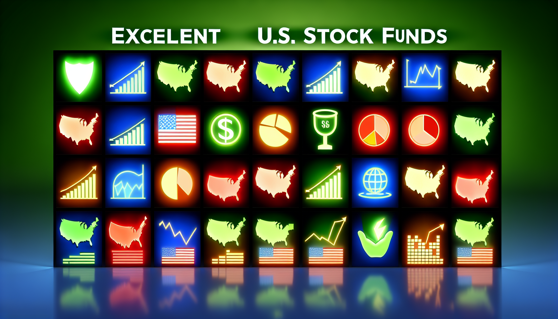 Eine Visualisierung hervorragender US-Aktienfonds. Ein Rasterlayout zeigt mehrere einzelne Fondssymbole in einer lebendigen Anordnung. Jedes Symbol repr&Atilde;&curren;sentiert den jeweiligen Fonds; Diagramme, Zahlen und Grafiken leuchten auf ihren Oberfl&Atilde;&curren;chen und deuten auf erfolgreiche Performance hin. Es sollte eine vielf&Atilde;&curren;ltige Auswahl an Fondstypen enthalten sein, die die verschiedenen Sektoren darstellen. Dabei sollten Farben verwendet werden, die Wachstum widerspiegeln &acirc;€“ Gr&Atilde;&frac14;n f&Atilde;&frac14;r positive Performance, Rot f&Atilde;&frac14;r Volatilit&Atilde;&curren;t. Im Hintergrund sollte dezent eine Karte der Vereinigten Staaten als Kontext zu sehen sein.