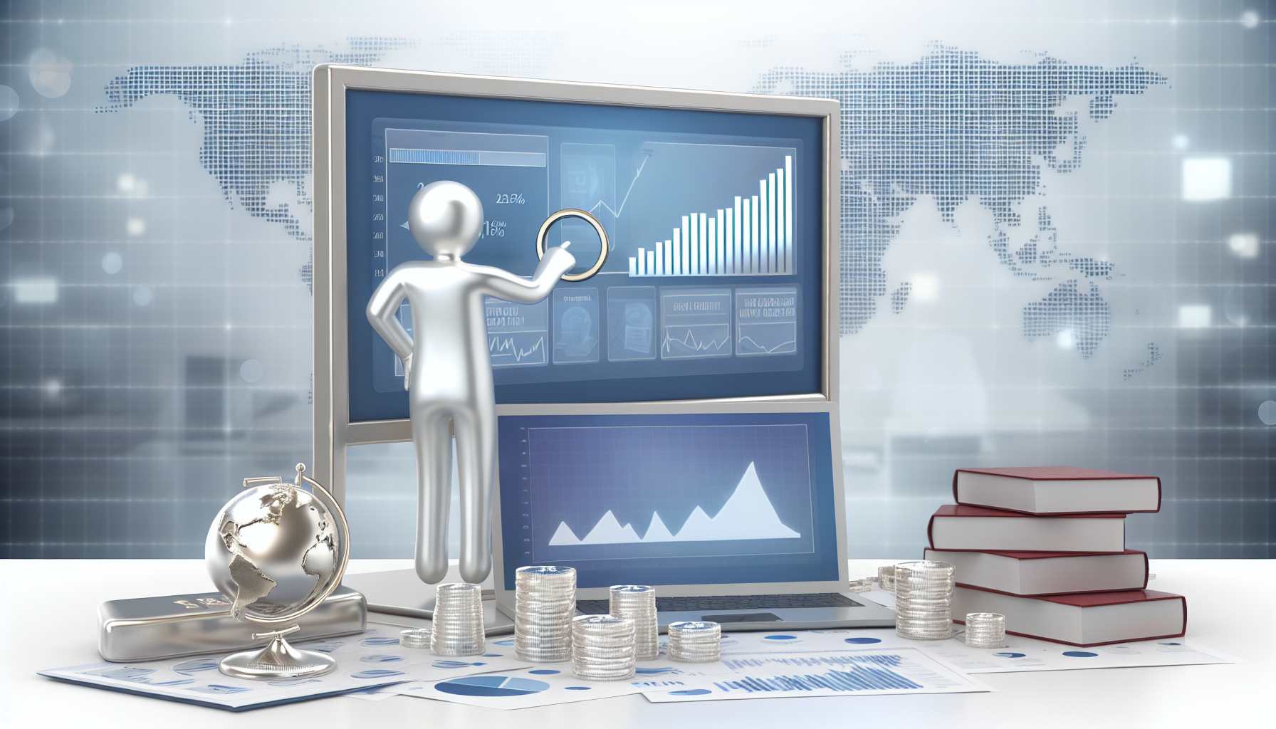 Ein Bild, das den Prozess des strategischen Erwerbs von Silber darstellt. Es k&Atilde;&para;nnte eine Darstellung eines wei&Atilde;Ÿen Mannes zeigen, der auf einem gro&Atilde;Ÿen Bildschirm Diagramme und Grafiken zum Silbermarkt analysiert. Auf dem Schreibtisch sollten au&Atilde;Ÿerdem Silberm&Atilde;&frac14;nzen und -barren verstreut liegen, die im weichen Licht des Raums schimmern. Ein Globusmodell k&Atilde;&para;nnte weltweites strategisches Denken symbolisieren, und B&Atilde;&frac14;cher sowie andere Materialien zu Wirtschaft und Finanzen sollten intensive Recherche und ein tiefes Verst&Atilde;&curren;ndnis des Silbermarktes andeuten.