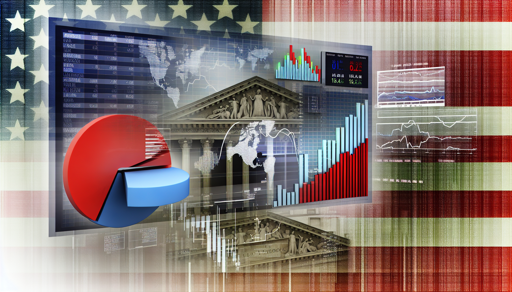 Eine detaillierte Darstellung des Konzepts von US-Aktienfonds. Visualisieren Sie eine dynamische Finanzumgebung mit animierten Tortendiagrammen, Balkendiagrammen und Flussdiagrammen, die die Verteilung und Wertentwicklung verschiedener US-Aktien symbolisieren. F&Atilde;&frac14;gen Sie unbedingt digitale Bildschirme hinzu, die schwankende Marktzahlen und Kurse zeigen. Vermeiden Sie jedoch Hinweise auf konkrete amerikanische Unternehmen oder Marken. F&Atilde;&frac14;gen Sie ein stilistisches Element der alten New Yorker B&Atilde;&para;rse (New York Stock Exchange) hinzu, um den amerikanischen Kontext herzustellen.