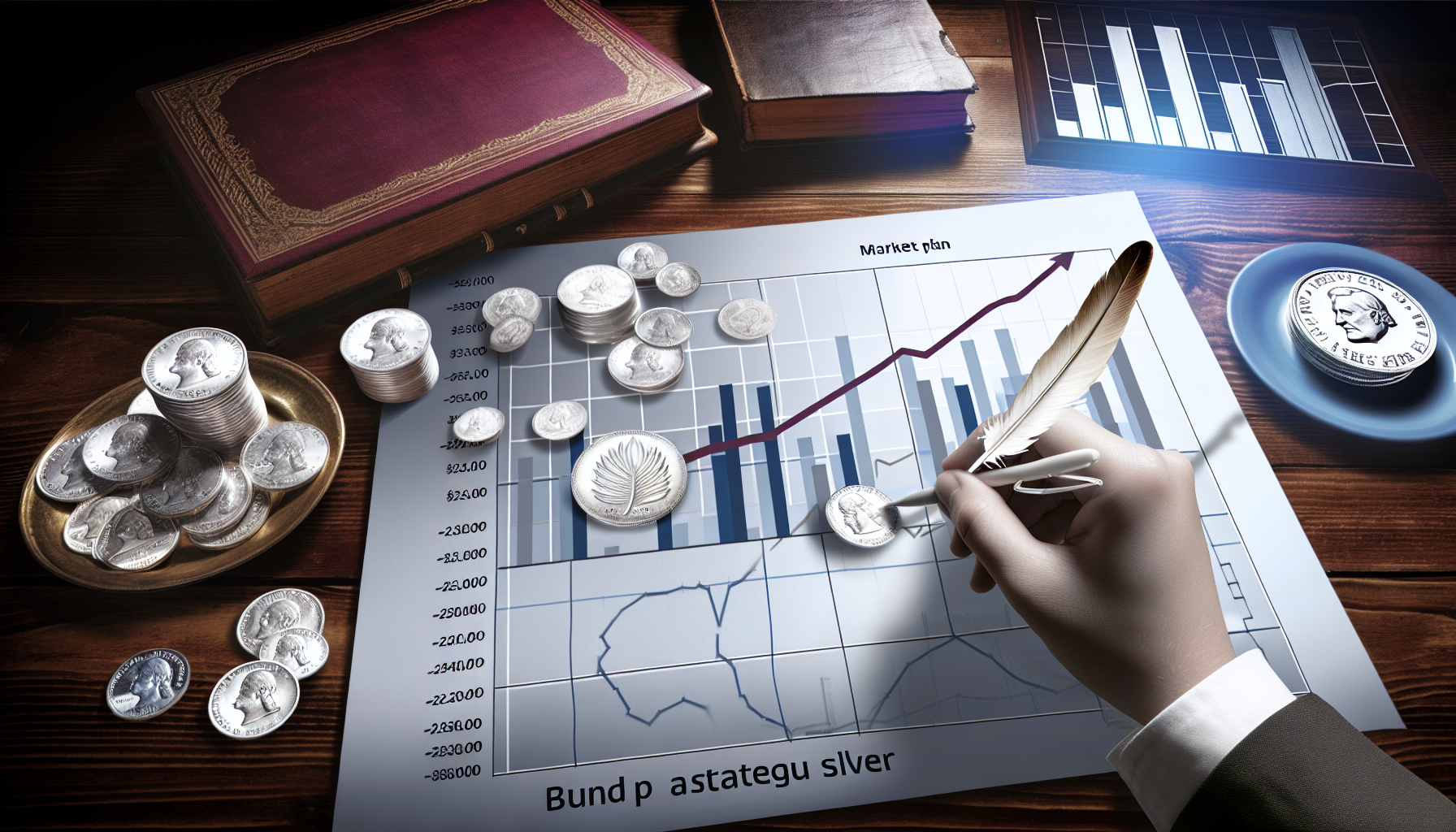 Eine Konzeptillustration einer Person, die mit einem strategischen Plan Silber kauft. Die Person arbeitet ihren Plan auf einem Strategiebrett aus; Silbermünzen, -barren und Marktdiagramme liegen über den Tisch verteilt. Auf den Diagrammen sind die Auf- und Abwärtstrends der Silberpreise zu sehen. In der Hand der Person ruht ein Federkiel, bereit, in das Diagramm zu zeichnen. Der Raum strahlt eine antike Atmosphäre aus, mit Mahagoni-Möbeln und gedämpftem Licht, das alte Finanzbücher erhellt. Wir sehen nicht das Gesicht der Person, nur ihre Hand mit dem Federkiel.