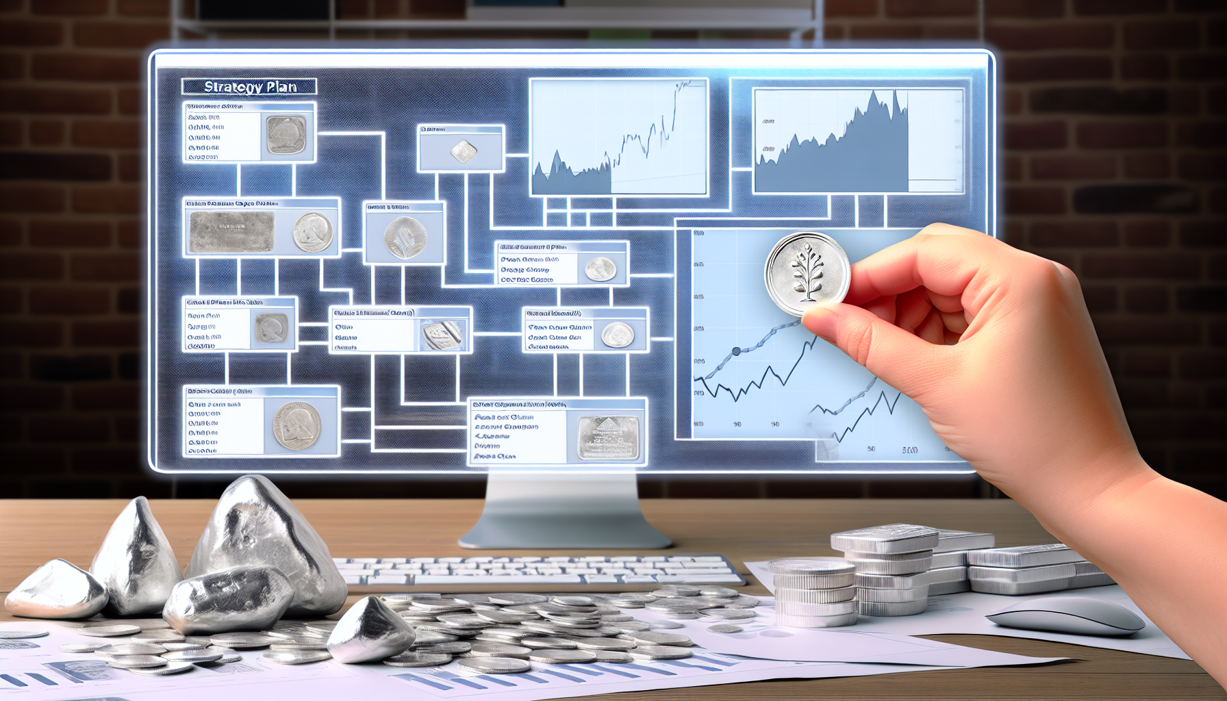 Ein Bild, das einen strategischen Plan zum Kauf von Silber zeigt. Die Szene zeigt eine Person vor einem Computerbildschirm, die eine Website durchsieht, auf der Silber zum Verkauf angeboten wird. Auf dem Bildschirm sind Grafiken der Silberpreise über die Jahre zu sehen. In der Hand der Person ist ein Silberstück, möglicherweise eine Silbermünze, sichtbar. Verschiedene Silbergegenstände wie Münzen, Barren und Nuggets liegen auf dem Schreibtisch verstreut. Auf dem Schreibtisch kann außerdem eine detaillierte Strategiekarte oder ein Flussdiagramm liegen, das den Prozess des Kaufs und Verkaufs von Silber umreißt.