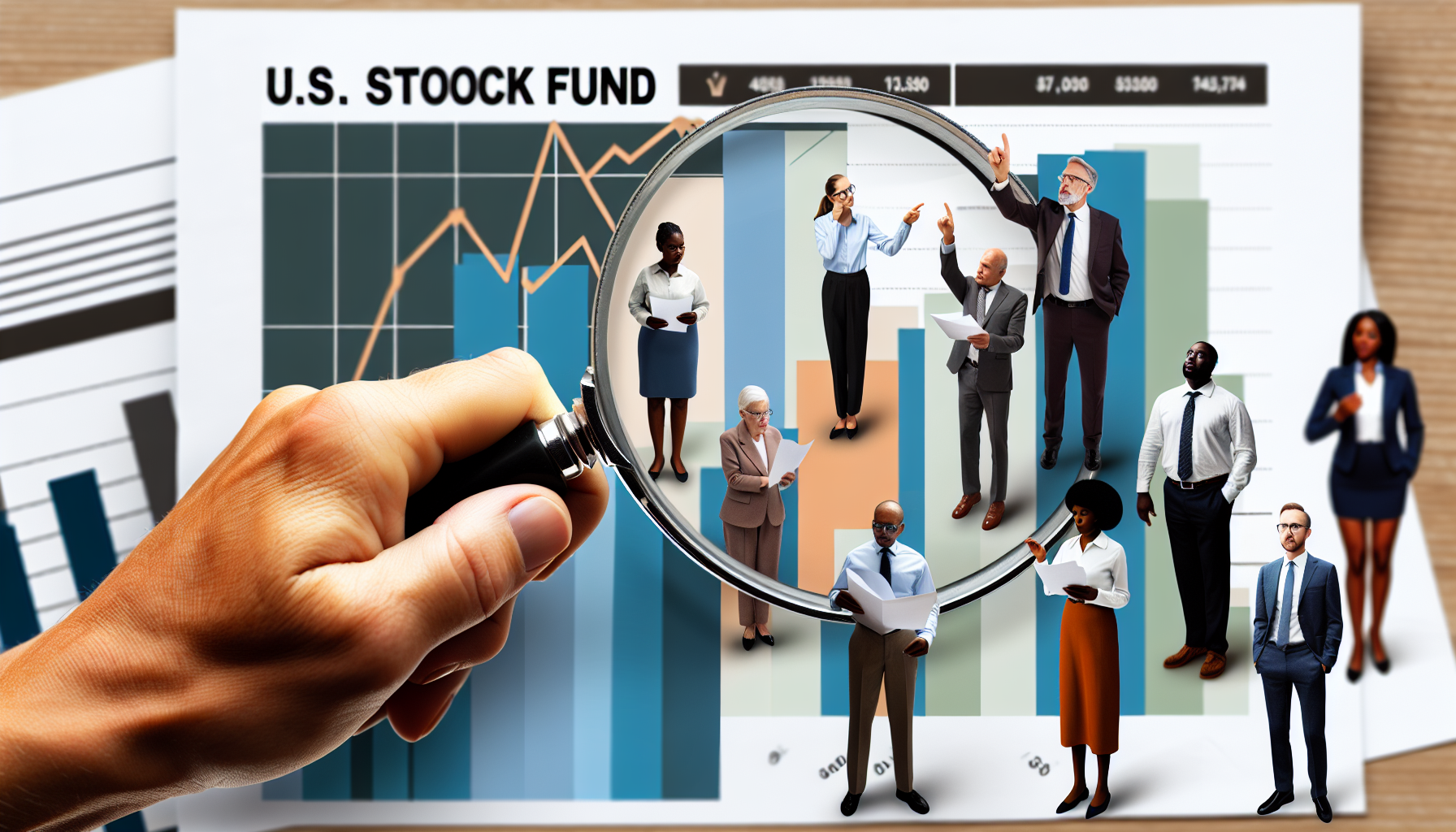 Ein Investment-Themenbild, das das Konzept eines US-Aktienfonds darstellt. Im Vordergrund hält eine Hand eine Lupe, die winzige Menschen zeigt, die Aktienunterlagen analysieren. Sie gehören verschiedenen Rassen und Geschlechtern an: einige sind afrikanischer Herkunft, einige sind weiß, einige sind südasiatisch und andere hispanischer Herkunft. Eine von ihnen ist eine Frau mittleren Alters, die ein Diagramm studiert. Eine andere Person ist ein jüngerer Mann, der auf wichtige Details hinweist. Im Hintergrund steht ein Balkendiagramm mit einem Aufwärtstrend, das auf potenziell steigende Renditen hindeutet. Der Stil sollte neutral und klar sein und einen professionellen Ton vermitteln.