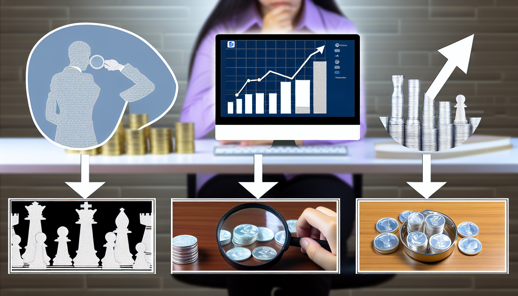 Visualisiere das Konzept des strategischen Silberkaufs. Das könnte eine Person zeigen, die ein Kursdiagramm der Silberpreise auf einem Computerbildschirm studiert, einen Stapel Silbermünzen auf einem Schreibtisch, die sorgfältige Untersuchung eines Silberstücks unter einer Lupe und eine symbolische Darstellung der Strategie, etwa ein Schachbrett mit silbernen Figuren.