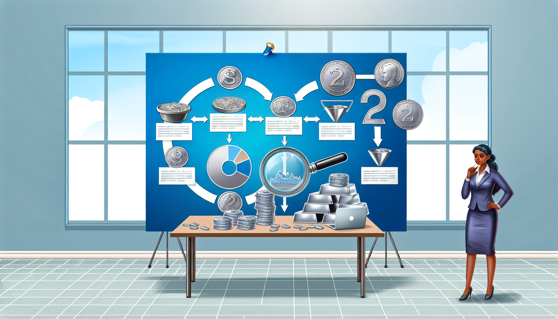 Eine Illustration, die den Prozess des Silberkaufs mit einer Strategie zeigt. Sie k&Atilde;&para;nnte ein komplexes Flussdiagramm auf einer gro&Atilde;Ÿen Tafel mit hervorgehobenen Schritten darstellen. Zu sehen w&Atilde;&curren;ren Gegenst&Atilde;&curren;nde wie eine Waage zum Abwiegen von Silber, ein Laptop, der Marktentwicklungen anzeigt, Silberbarren und -m&Atilde;&frac14;nzen auf einem Tisch, eine Lupe, die auf eine detaillierte Analyse hinweist, und eine Person &acirc;€“ eine Frau aus S&Atilde;&frac14;dasien in Businesskleidung &acirc;€“, die die Schritte auf der Tafel &Atilde;&frac14;berdenkt. Die Umgebung ist ein B&Atilde;&frac14;ro mit nat&Atilde;&frac14;rlichem Licht, das durch die Fenster f&Atilde;&curren;llt und das Gl&Atilde;&curren;nzen der Silbergegenst&Atilde;&curren;nde betont.