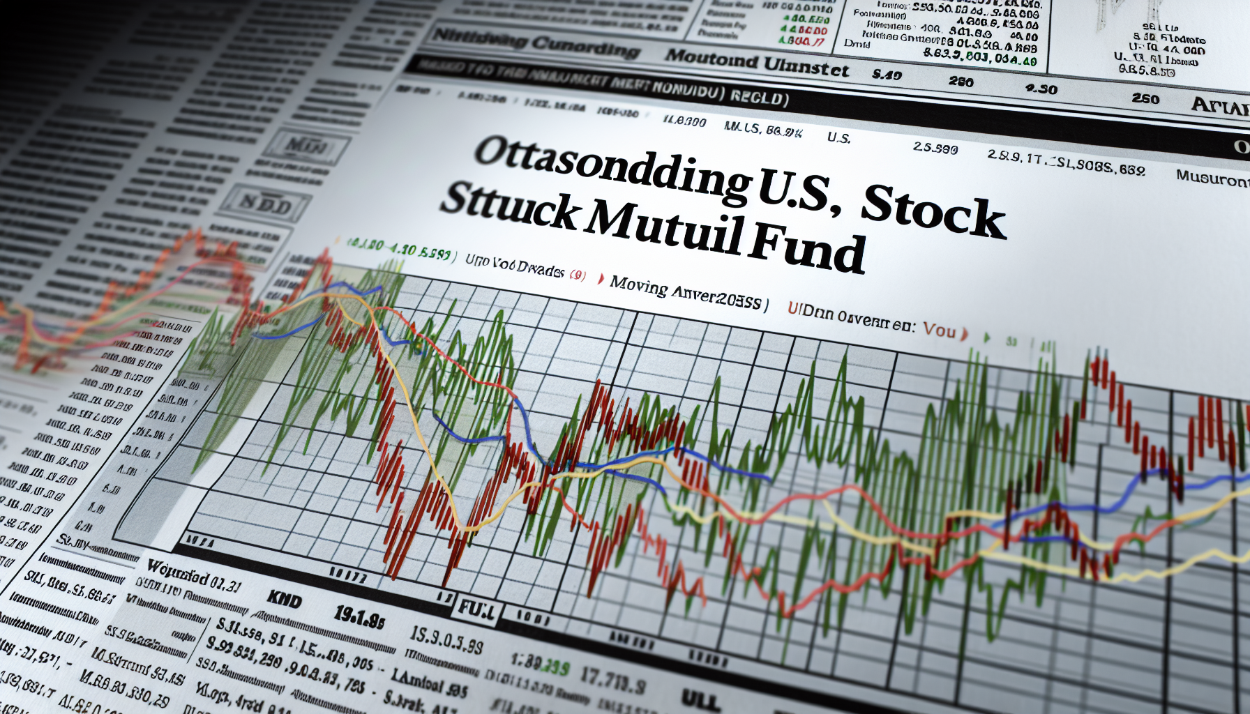 Eine detaillierte Ansicht des Performance-Diagramms eines herausragenden US-Aktienfonds, mit Auf- und Abwärtsbewegungen im Chart und verschiedenen Finanzindikatoren wie gleitenden Durchschnitten, Handelsvolumen und Renditen, vor dem Hintergrund einer Finanzzeitung.