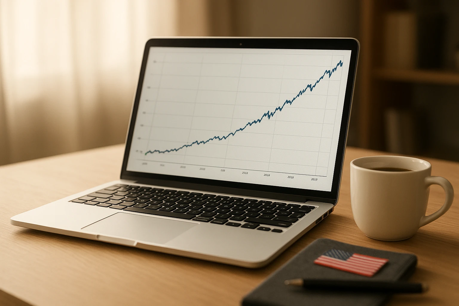 Fotorealistische Aufnahme eines modernen Schreibtischs in einem Home-Office: geöffneter Laptop zeigt auf dem Bildschirm ein langjähriges Kursdiagramm mit stetig ansteigender Linie (ca. 30 Jahre), daneben eine Kaffeetasse, eine kleine amerikanische Flaggen-Nadel auf dem Stiftetui, weiches warmes Tageslicht von der Seite, geringe Tiefenschärfe, 50mm, hohe Detailtreue, natürliche Farben, keine Logos oder Markenzeichen sichtbar.
