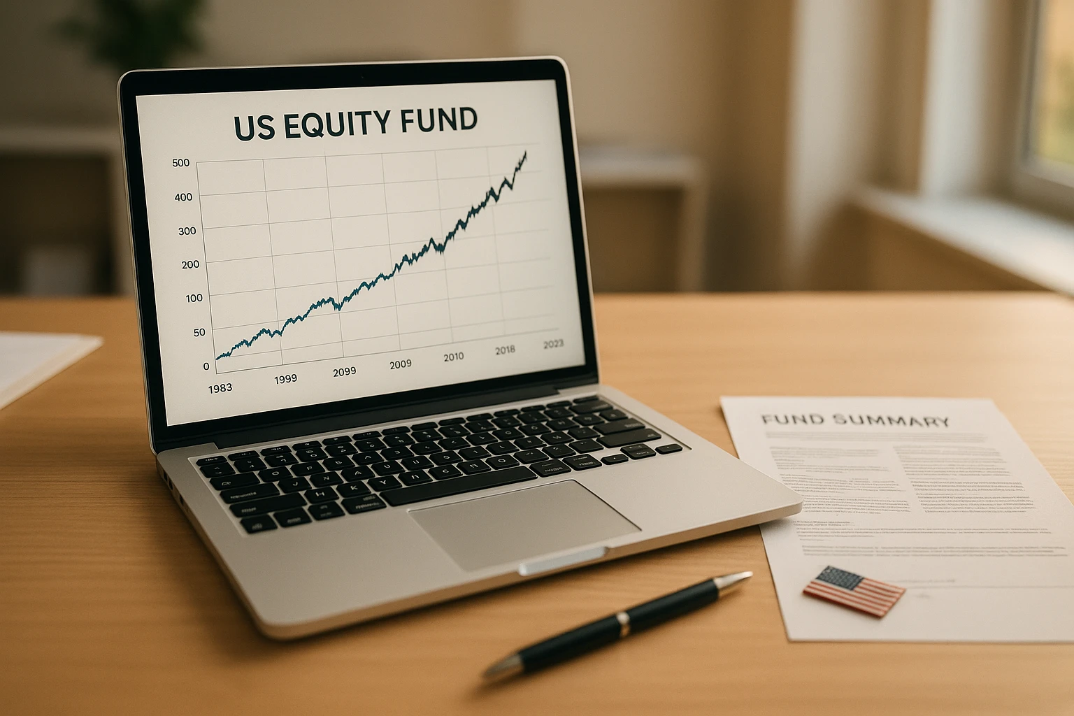 Fotorealistisches Titelbild für einen Finanzartikel: ein moderner Schreibtisch in einem hellen Büro, im Vordergrund ein aufgeschlagener Laptop mit einem klaren, professionellen Diagramm, das über 30 Jahre stetiges Wachstum eines US‑Aktienfonds zeigt (keine Firmenlogos). Daneben liegen ein Kugelschreiber, eine gedruckte Fondszusammenfassung und eine kleine US‑Flaggennadel. Natürliche, warme Farbtemperatur (~5500 K), weiches Tageslicht von rechts, filmischer Look, leichte Tiefenunschärfe, realistische Farben.