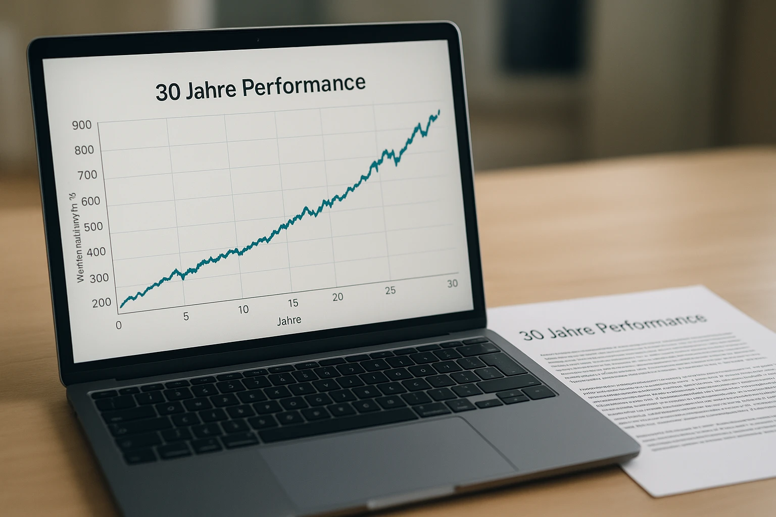 Nahaufnahme eines Laptop-Bildschirms auf einem Schreibtisch: detailliertes Diagramm mit einer stabilen, langfristigen Aufwärtskurve über ~30 Jahre, Achsenbeschriftungen auf Deutsch (Jahre, Wertentwicklung in %), daneben ein gedruckter Fondsbericht mit sichtbarer Überschrift „30 Jahre Performance“. Realistisches Bürolicht, leichte Reflexe auf dem Bildschirm, natürliche Farben, geringe Tiefenschärfe, fotorealistischer Stil.