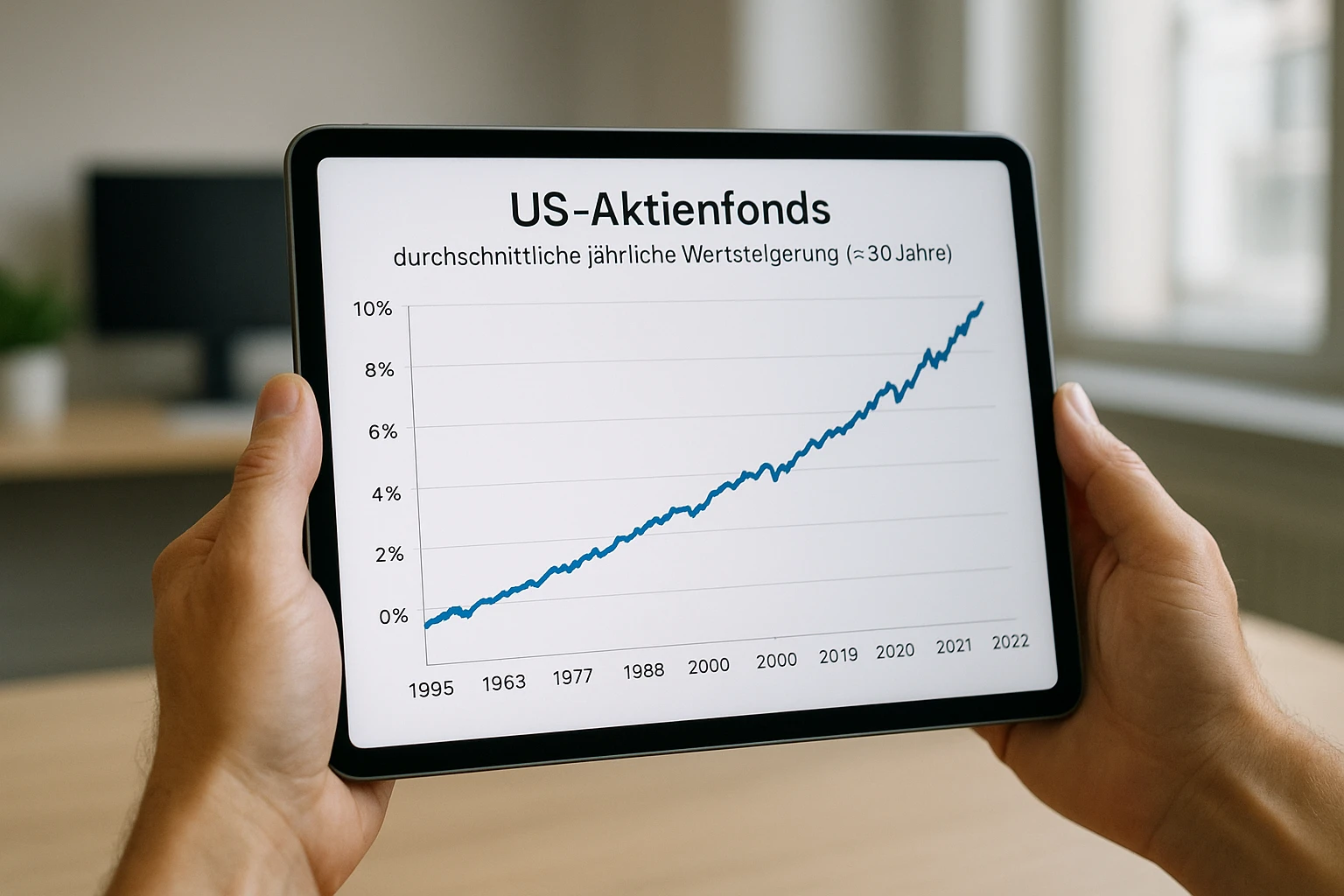 Hero-Bild: Nahaufnahme von zwei H&auml;nden, die ein Tablet halten mit einem klaren, realistischen Linienchart mit deutlich steigendem Verlauf und der &Uuml;berschrift &bdquo;US-Aktienfonds &ndash; durchschnittliche j&auml;hrliche Wertsteigerung (&asymp;30 Jahre)&ldquo;. Moderner B&uuml;roraum im Hintergrund, weiche Tageslichtbeleuchtung (ca. 5500 K), nat&uuml;rliche Hautt&ouml;ne, geringe Sch&auml;rfentiefe, Fokus auf Display, Canon EF 35mm &auml;sthetik, realistisch und ungestellt.