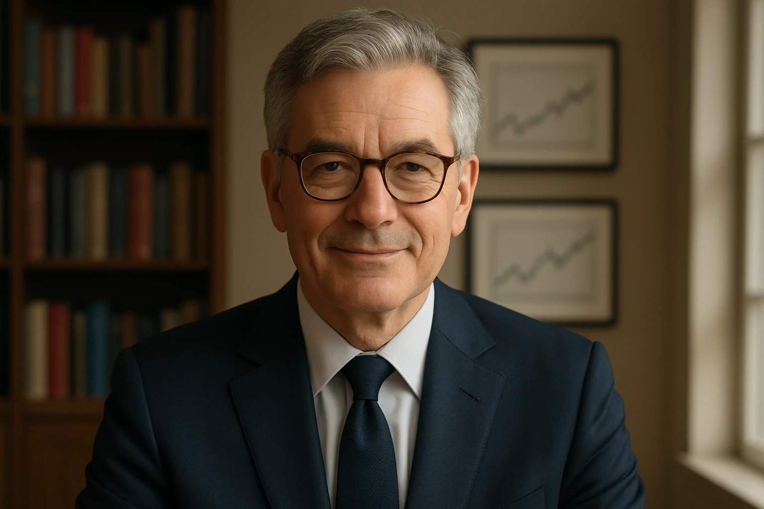 Fotorealisches Porträt von David Alger, Wallstreet‑Ikone, Mitte 60, salt-and-pepper Haare, selbstbewusstes leichtes Lächeln, dunkelblauer Anzug, dezente Krawatte und Brille, im komfortablen Büro mit Bücherregal und gerahmten Kursdiagrammen im Hintergrund, natürliches Fensterlicht, warm-neutraler Farbton, geringe Tiefenschärfe, 50mm, natürliche Hauttöne, realistische Details.