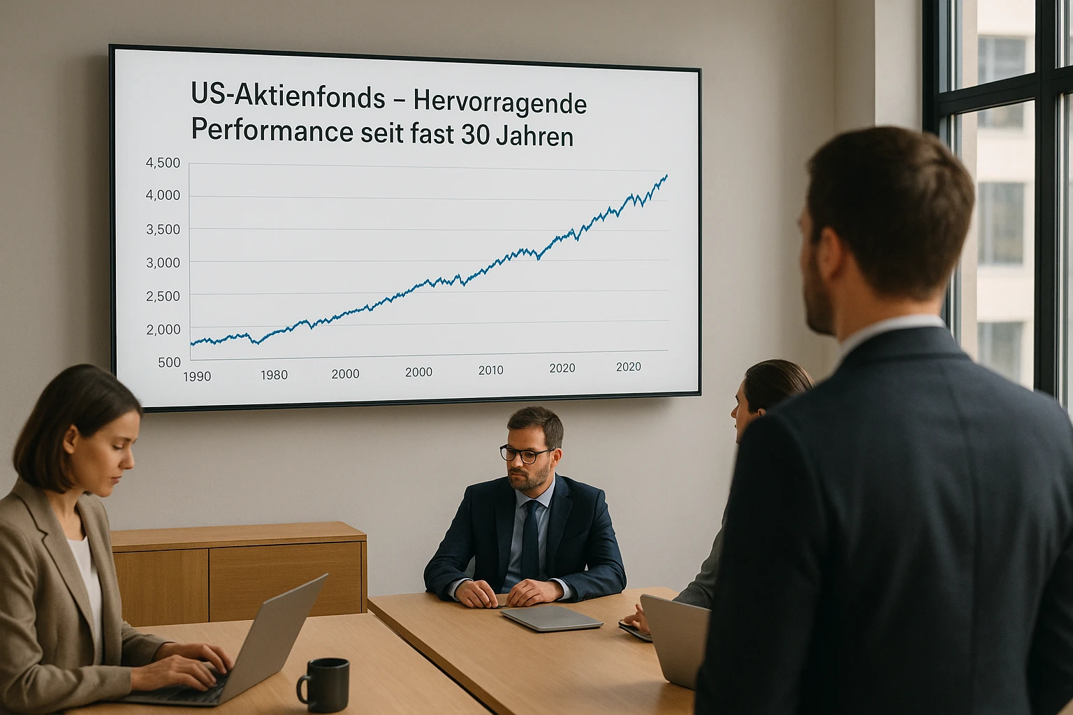 Realistisches, hochwertiges Foto für einen Artikel: modernes Investment-Büro mit Blick auf eine große Wand-Monitoranzeige, die eine saubere, professionelle 30-Jahres-Performance-Kurve eines US-Aktienfonds zeigt. Auf dem Monitor auf Deutsch die Überschrift: „US-Aktienfonds – Hervorragende Performance seit fast 30 Jahren“. Mehrere Analysten im Hintergrund, dezente Schärfentiefe, natürliches Tageslicht, neutrale Farbtemperatur, warme Akzente, realistische Personen (nicht erkennbar als bekannte Persönlichkeiten), ruhige, seriöse Stimmung.