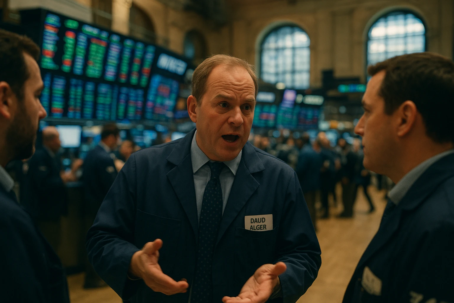 Actionaufnahme auf dem Trading Floor der New Yorker B&ouml;rse: David Alger steht im Vordergrund, spricht mit Kollegen, im Hintergrund Monitore mit laufenden US-Aktienkursen (lesbare, aber nicht markengenaue Zahlen), lebendige Betriebsamkeit, Mischung aus k&uuml;hlem Monitorlicht und warmem Tageslicht durch Hallenfenster, 35mm Weitwinkel, leicht bewegungsunsch&auml;rfe f&uuml;r Dynamik, realistische Farbtemperatur und nat&uuml;rliche Beleuchtung &mdash; dokumentarischer Look, realistisch.