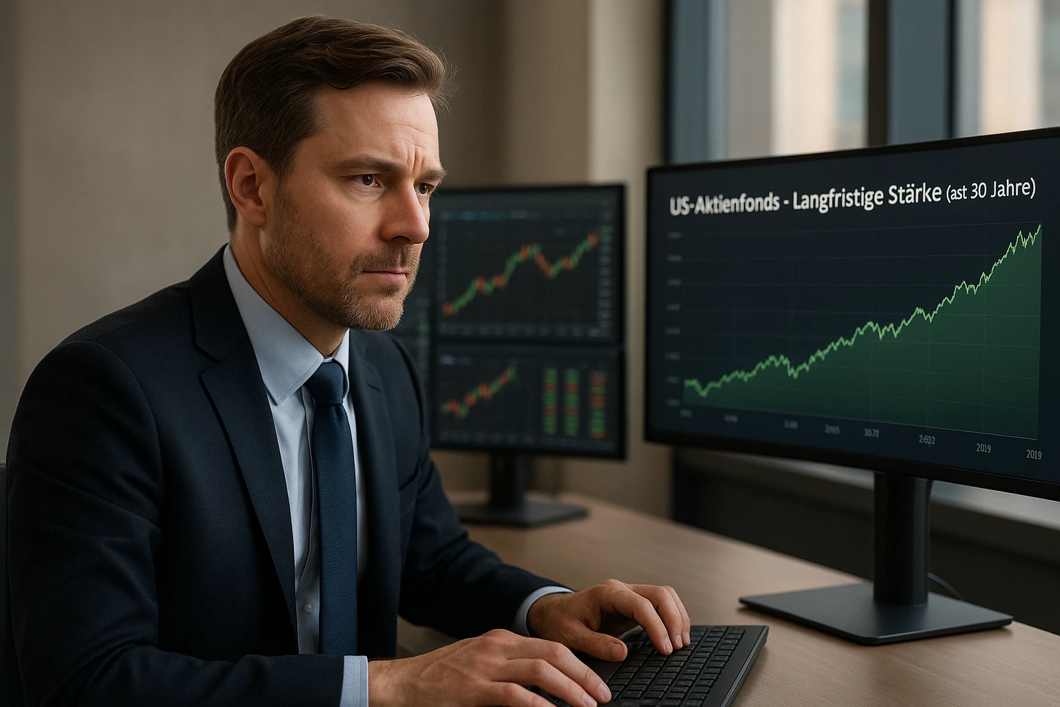 Porträt eines Fondsmanagers in einem modernen Büro, wie er konzentriert auf mehrere Bildschirme mit Aktienkursen und historischen Diagrammen blickt. Der Monitor im Hintergrund zeigt deutlich „US-Aktienfonds – Langfristige Stärke (fast 30 Jahre)“ in deutscher Sprache. Natürliche, weiche Beleuchtung, realistische Hauttöne, professionelle, vertrauenswürdige Atmosphäre, keine Logos oder Markennamen erkennbar, fotorealistisch aufgenommen mit mittlerer Brennweite und neutraler Farbtemperatur.