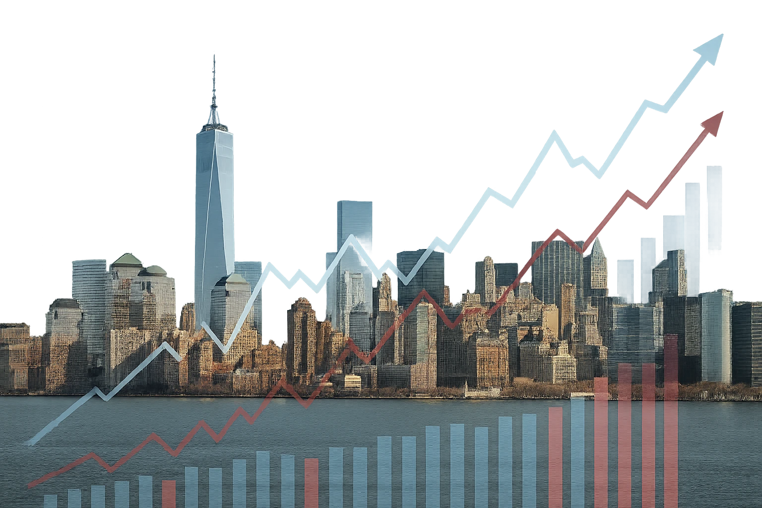 Fotorealistisches Titelbild: Weitwinkelaufnahme der New York-Skyline bei klarem Tageslicht im Hintergrund, im Vordergrund transparent überlagerte, nach oben steigende Aktienkurven und Balkendiagramme, dezente US-Flaggenfarben integriert, natürliche Farbtemperatur, hochwertig, professionelle Zeitung/Grafik-Ästhetik, keine Marken/Logos sichtbar.