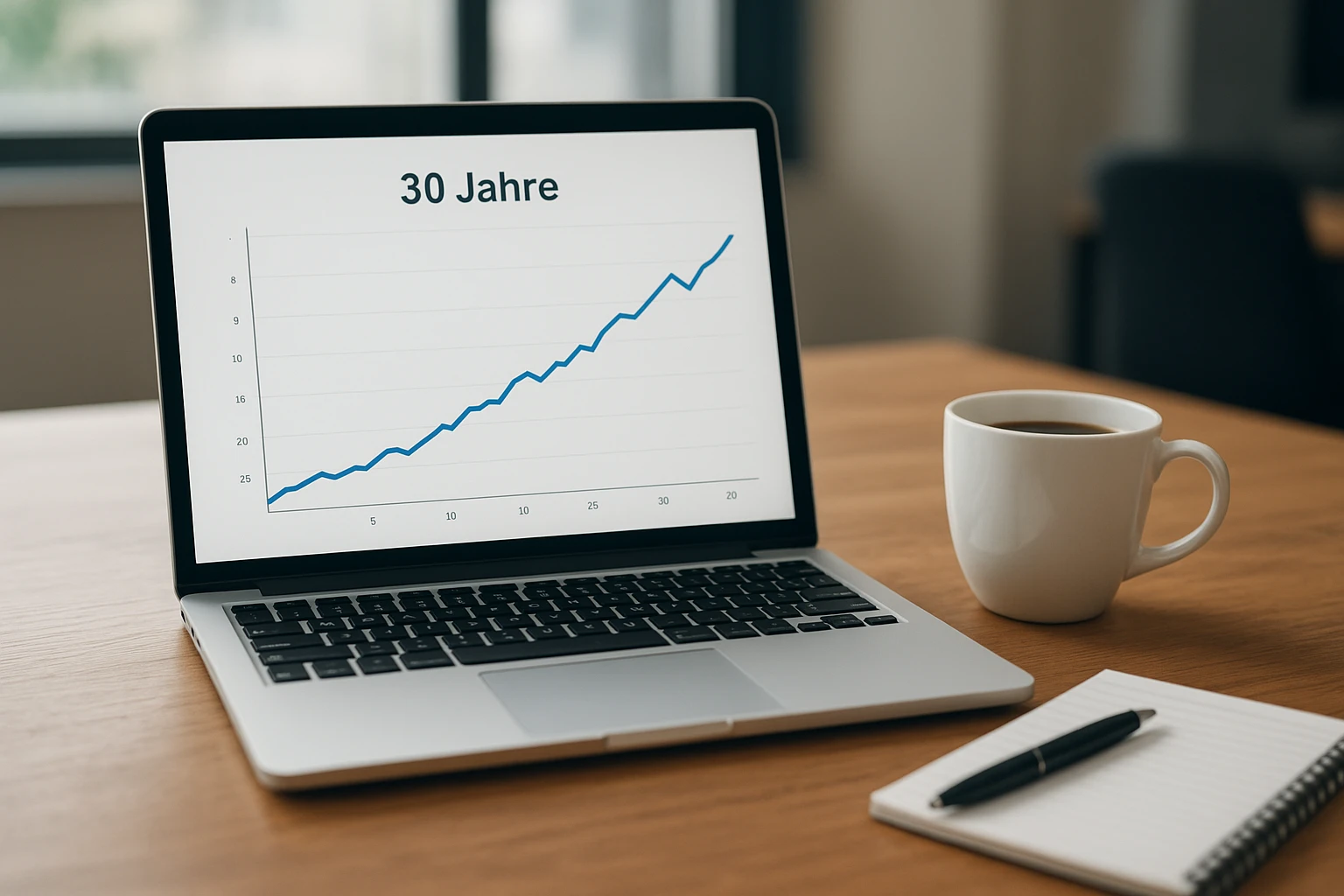 Nahaufnahme eines Laptops auf einem Holztisch im Büro bei Tageslicht: Bildschirm zeigt ein sauberes, mehrjähriges Performance-Diagramm mit Beschriftung "30 Jahre" und steigender Kurve, daneben Stift, Notizblock und eine Kaffeetasse, realistische Texturen, natürliche Farben, geringe Tiefenschärfe, professionelle, seriöse Stimmung.