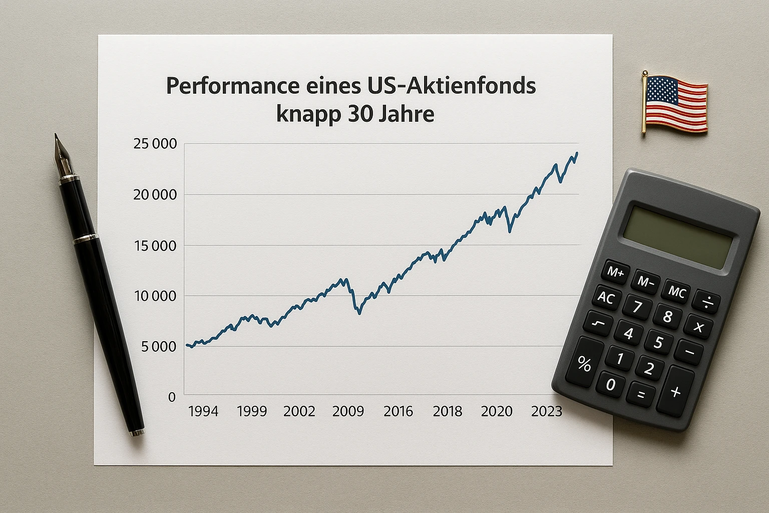 Redaktionelles Stillleben: Moderner Schreibtisch mit ausgedrucktem Diagramm &uuml;ber die knapp 30-j&auml;hrige Performance eines US-Aktienfonds, ein Kugelschreiber, Taschenrechner und eine kleine US-Flaggen-Pin. Flach von oben fotografiert (Top-Down), neutrale Farbtemperatur, nat&uuml;rliche Beleuchtung, feine Papiertexturen sichtbar, saubere, seri&ouml;se Business-&Auml;sthetik, realistisch und authentisch f&uuml;r einen Finanzartikel auf Deutsch zu verwenden.  n