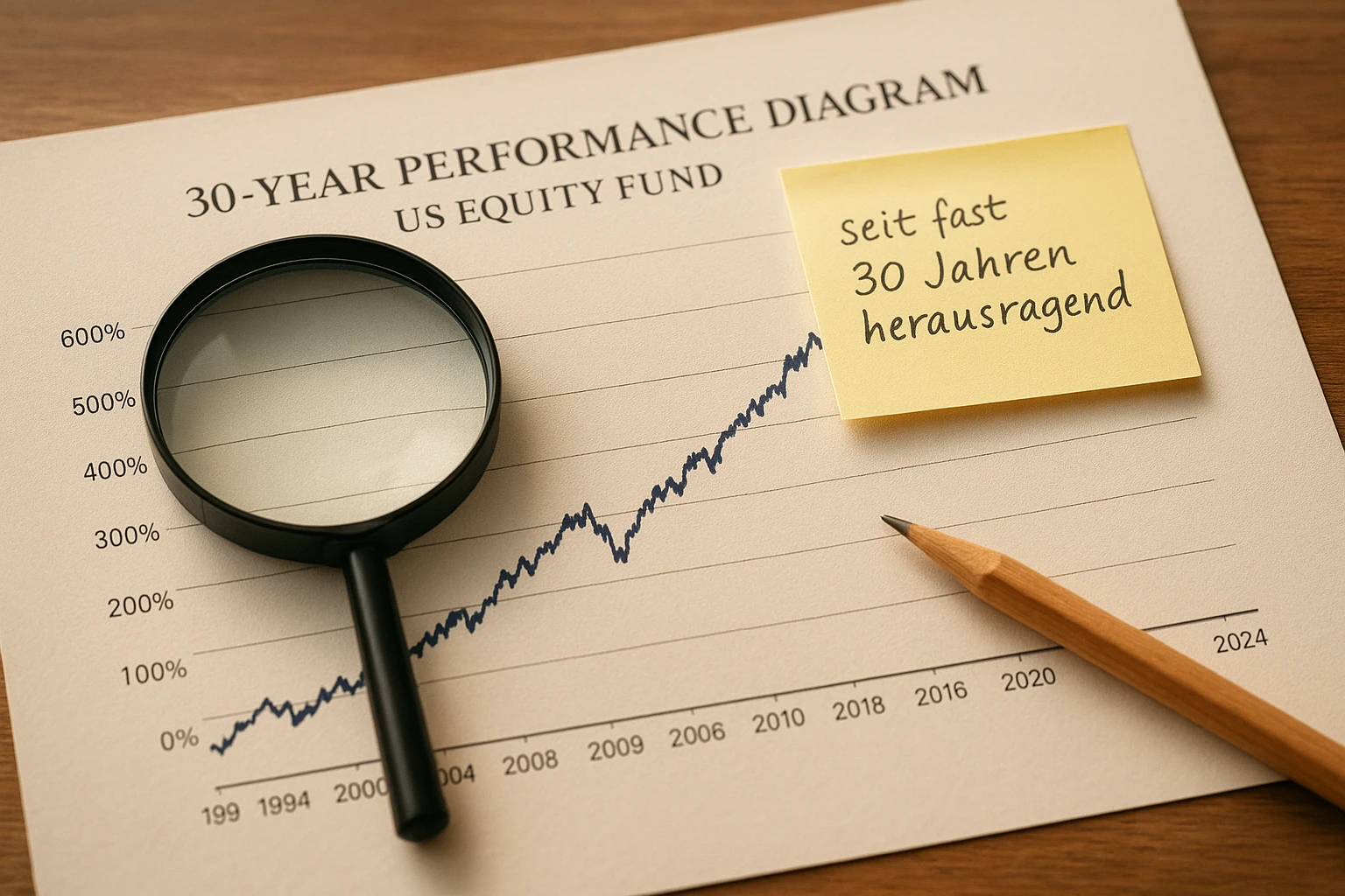 Nahaufnahme eines gedruckten 30‑Jahres‑Performance‑Diagramms eines US‑Aktienfonds auf hochwertigem Papier; darüber liegt eine Lupe, ein Bleistift und ein Notizfeld mit handschriftlicher Notiz „seit fast 30 Jahren herausragend“. Natürliche Beleuchtung, neutrale bis warme Farbtemperatur, hohe Detailtreue, realistische Papierstruktur, makroähnliche Schärfe auf Diagrammlinien, unscharfer Hintergrund mit Holzoberfläche sichtbar. 35mm-Ästhetik, f/2.8 für sanfte Hintergrundunschärfe. n