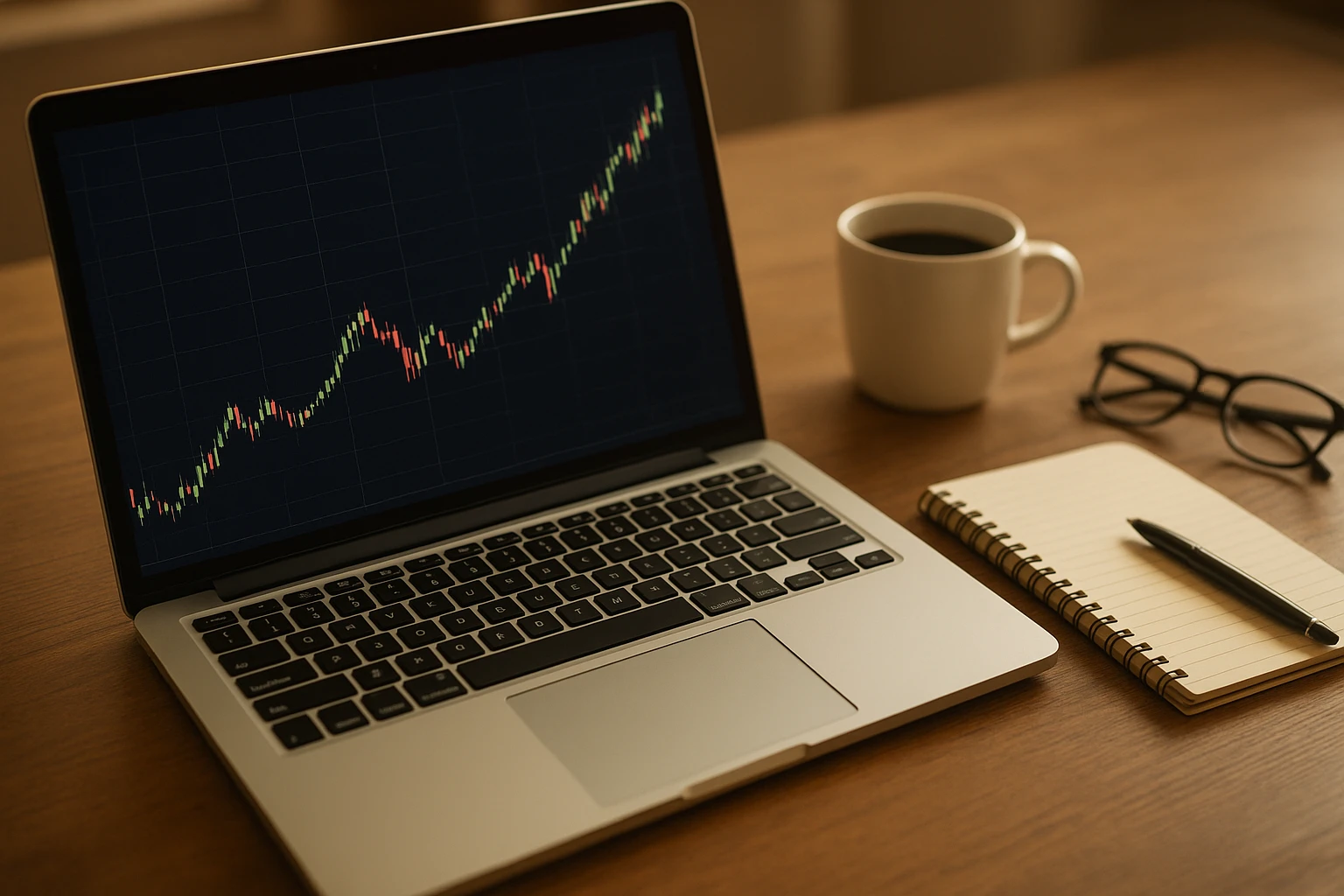 Nahaufnahme eines modernen Laptops auf einem Holzschreibtisch, Bildschirm zeigt ein klares, steigendes Linien- und Kerzenchart mit US-Aktien-Kursen (keine Markenzeichen), daneben Notizblock, Kaffeetasse und Brille; natürliche, warme Tageslicht-Stimmung, realistisch, geringe Schärfentiefe, 50mm, hohe Details, natürliche Farbtemperatur.