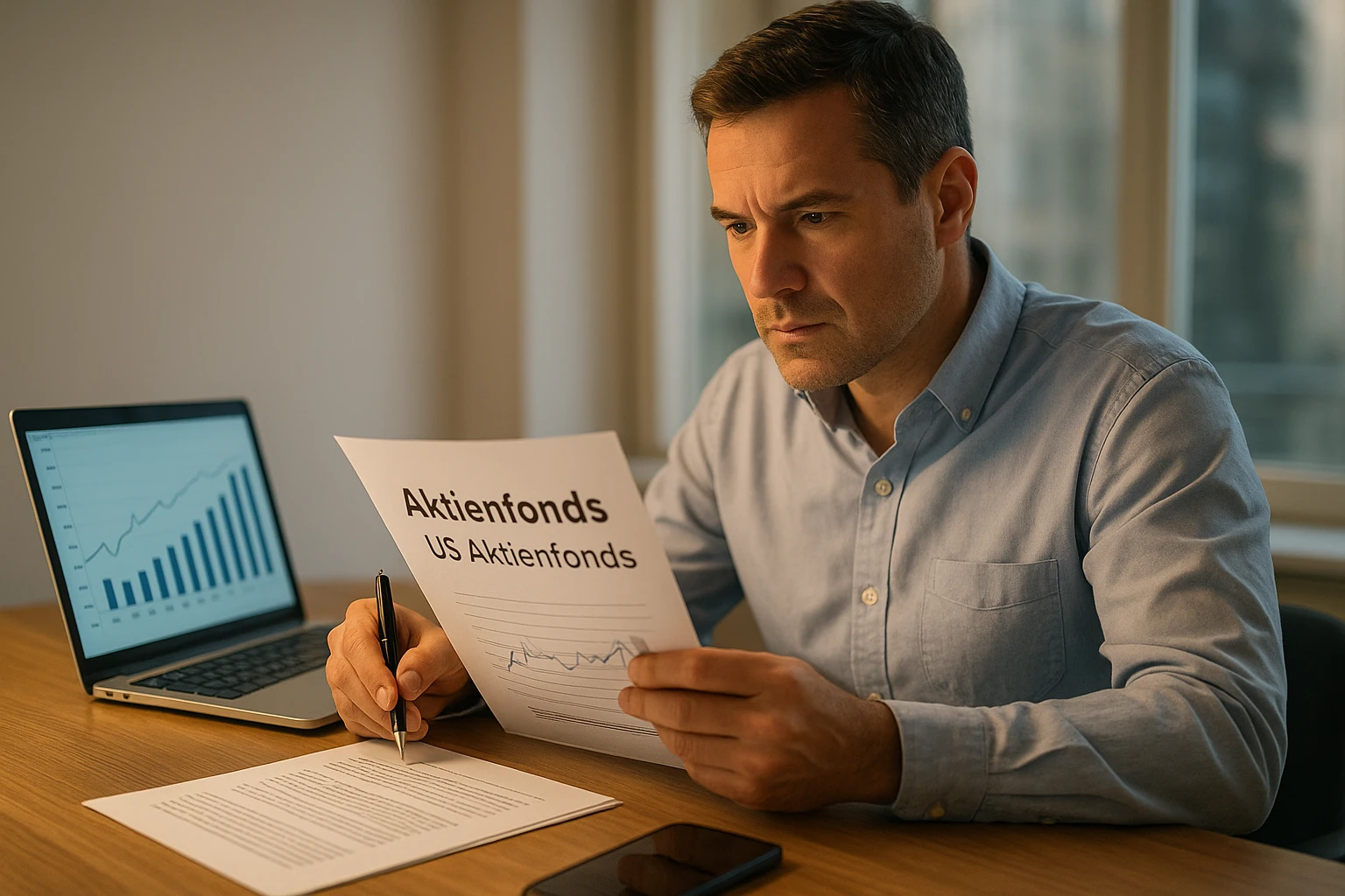 Candid-Aufnahme: David Alger sitzt an einem modernen Holzschreibtisch und prüft Paperwork mit der Überschrift „Aktienfonds – US Aktienfonds“, Stift in der Hand, Laptop mit Balken- und Liniencharts geöffnet, morgendliches seitliches Tageslicht durch Fenster, ausgewogene warm-kühle Farbtemperatur, 35mm, fotorealistisch, leichte Bewegungsunschärfe an den Händen für Dynamik, realistische Büro-Atmosphäre zur Illustration eines Fondsmanagers bei der Arbeit.""","Action-Shot auf dem Handelsposten: David Alger steht am Rand des Trading Floors, schaut ernsthaft auf große Bildschirme mit US‑Aktienkursen, Hintergrund mit verschwommenen Tradern und Bildschirmen, kalte Blauakzente von Monitoren kombiniert mit warmem Deckenlicht, dynamische Weitwinkelkomposition, 24mm, fotorealistisch, natürliche Reflexe auf Bildschirmen.""","David Alger spricht auf einer Investorenkonferenz, mittlere Aufnahme, Gestik beim Reden, dezentes Podium-Logo, Publikum unscharf im Hintergrund, warme Bühnenbeleuchtung mit neutraler Hautfarbgebung, 85mm Teleobjektiv, fotorealistisch, professionelle, glaubwürdige Presseaufnahme.""","Detailaufnahme: Hände von David Alger halten einen aufgefalteten Prospekt mit Titel ‚Aktienfonds – US Aktienfonds‘, scharfer Fokus auf Papierstruktur und Typografie, Kaffeetasse am Rand des Bildes, weiches Tageslicht, Macro-ähnliche Komposition 100mm, fotorealistisch, natürliche Farben, wirtschaftsjournalistische Ästhetik.""","Stimmungsvolle Büroaufnahme: Wand mit gerahmten Auszeichnungen, alten Schwarzweiß-Fotografien von Wall Street und einem Porträt von David Alger, warme, gleichmäßige Beleuchtung, 50mm, fotorealistisch, hochwertige Texturen, subtile Schatten für Tiefe, editorialer Look.""","Konzeptionelles Finanzbild: Stapel von US‑Aktienzertifikaten und ein geöffneter Bericht mit Performance‑Chart „US Aktienfonds“, Glastisch mit leichter Spiegelung, kühle Blautöne für Diagramme kombiniert mit neutralem Raumlicht, 45‑Grad Draufsicht, fotorealistisch, sauber, modern, für Infografik-Hintergründe.""","Abendporträt auf dem Balkon: David Alger in nachdenklicher Pose mit Blick auf die New Yorker Skyline bei Dämmerung, City‑Lights als weiche Bokeh‑Punkte, kühles Dämmerungsblau kombiniert mit warmem Kantenlicht, 85mm f/1.4, fotorealistisch, natürliche Hauttöne, cineastische Wirkung für ein Profilporträt."