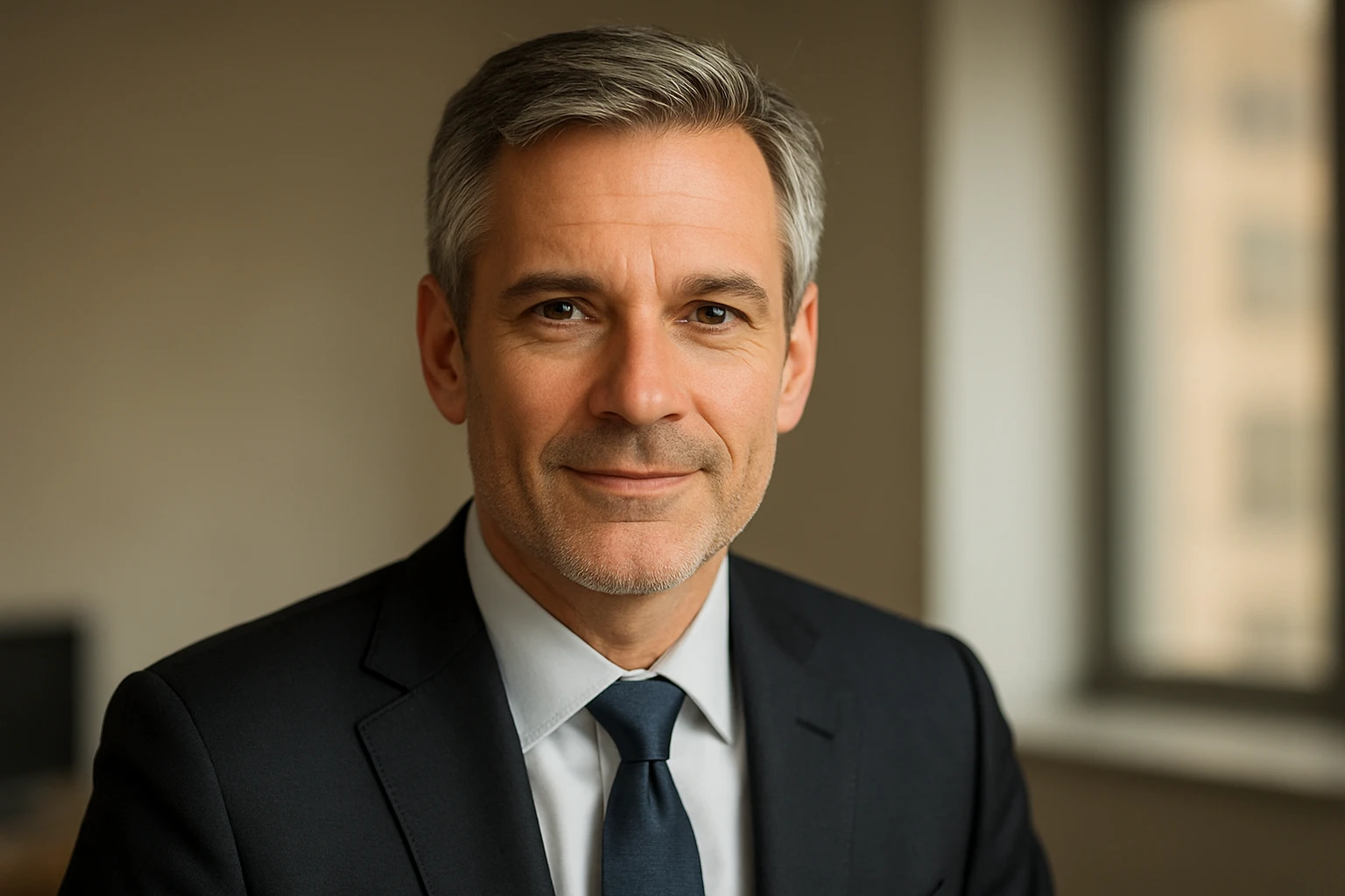 Realistisches, hochaufl&ouml;sendes Portr&auml;t von David Alger, erfahrener Fondsmanager, halbnah, warme Tageslichtstimmung, dezente Hintergrundunsch&auml;rfe (85mm, f/1.8), scharfe Augen, graumelierte Haare, dunkler Anzug, dezentes L&auml;cheln, nat&uuml;rliche Farben und Hautt&ouml;ne, professionelle Studio-/Fensterbeleuchtung, neutraler B&uuml;rohintergrund &mdash; fotorealistisch und glaubw&uuml;rdig.