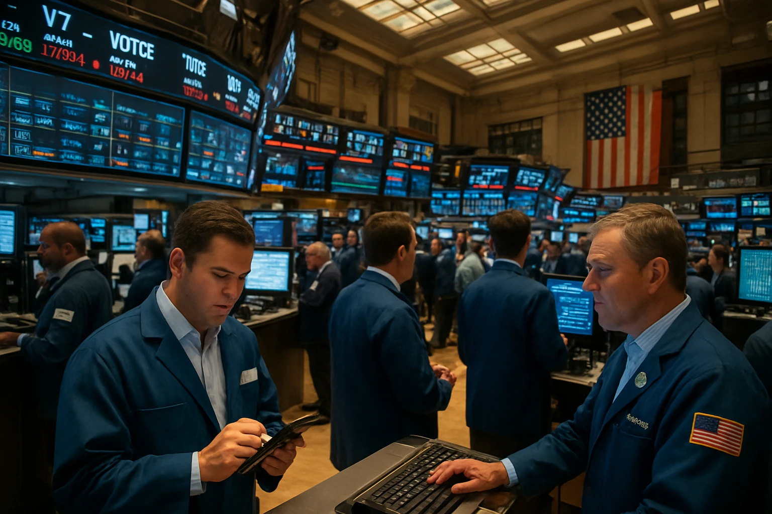 Belebte Handelsfl&auml;che an der US‑B&ouml;rse: breite Weitwinkelaufnahme (24mm) einer Trading Floor‑Szene mit elektronischen Tickerb&auml;ndern, Bildschirmanzeigen mit US‑Aktienkursen, mehrere H&auml;ndler in Aktion, ausgewogene Mischung aus k&uuml;hlem LED‑Licht und warmem Umgebungslicht, hohe Detailtreue, fotorealistisch, nat&uuml;rliche Farben, dynamische Bildkomposition f&uuml;r Redaktionsartikel &uuml;ber US‑Aktienfonds; angemessene Farbtemperatur erhalten.￼￼￼￼￼￼￼￼￼￼￼￼￼￼￼￼￼￼￼￼￼￼￼￼￼￼￼￼￼￼￼￼�  