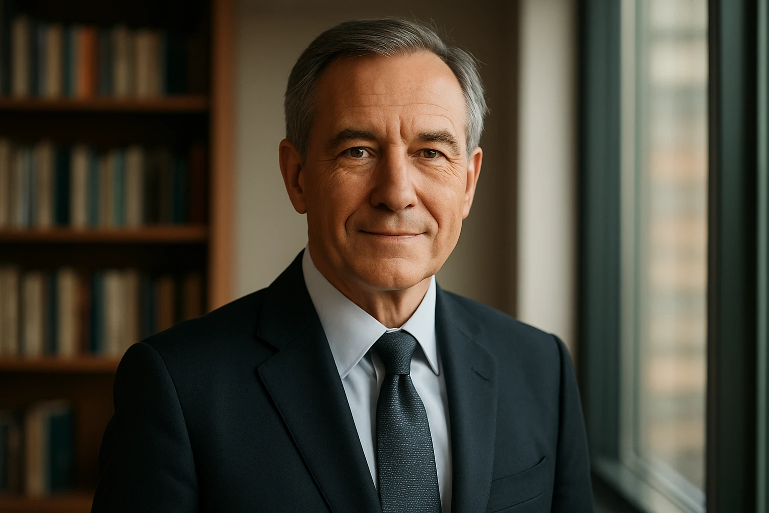 Editorial-Portr&auml;t im journalistischen Stil einer Wall‑Street‑Ikone: reifer, seri&ouml;s wirkender Fondsmanager (Mitte 60), dunkler Anzug, dezentes L&auml;cheln, modernes B&uuml;ro mit B&uuml;cherregal und Glasfenster im Hintergrund, warmes, nat&uuml;rliches Fensterlicht mit leichtem Gegenlicht, 50mm, f/1.8, hohe Detailtreue, nat&uuml;rliche Hautt&ouml;ne, fotorealistisch, angelehnt an die &Auml;sthetik bekannter US‑Fondsmanager, keine exakte Wiedergabe einer realen Person, ruhige, respektvolle Ausstrahlung; realistische Farbtemperatur.