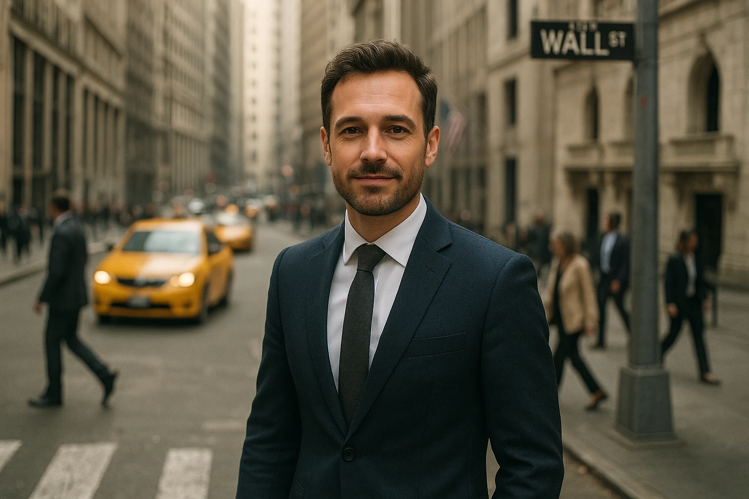 Realistische Stra&szlig;enszene an der Wall Street mit einem charismatischen Finanzexperten als Blickfang im Vordergrund, Business-Outfit, dezente Dynamik durch vorbeilaufende Menschen und Taxis, B&ouml;rsenatmosph&auml;re ohne Logos, nat&uuml;rliche Farben, leicht warmes Licht, journalistischer Stil, hohe Detailtreue, 35mm-Fotografie, Tiefensch&auml;rfe im Hintergrund