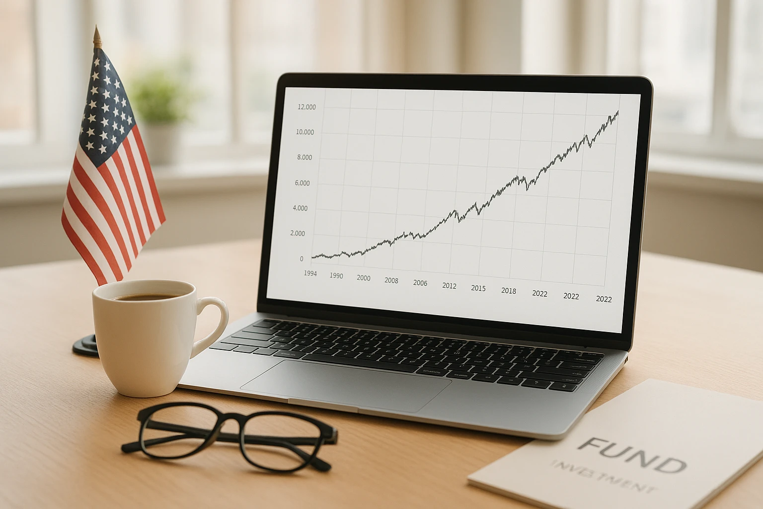 Fotorealistisches Titelbild f&uuml;r einen Artikel: Moderner Schreibtisch in einem hellen B&uuml;ro, auf dem ein Laptopbildschirm einen klaren, langfristigen Aktienchart mit stetigem Aufw&auml;rtstrend &uuml;ber fast 30 Jahre zeigt. Daneben eine kleine US-Flaggen-Nadel, eine Tasse Kaffee, eine Lesebrille und ein neutral gestaltetes Fonds-Prospekt ohne Logos. Warme, nat&uuml;rliche Tageslichtstimmung, leichte Sch&auml;rfentiefe (35mm-&Auml;sthetik), sorgf&auml;ltig ausbalancierte Komposition, keine Marken- oder Logodarstellung.