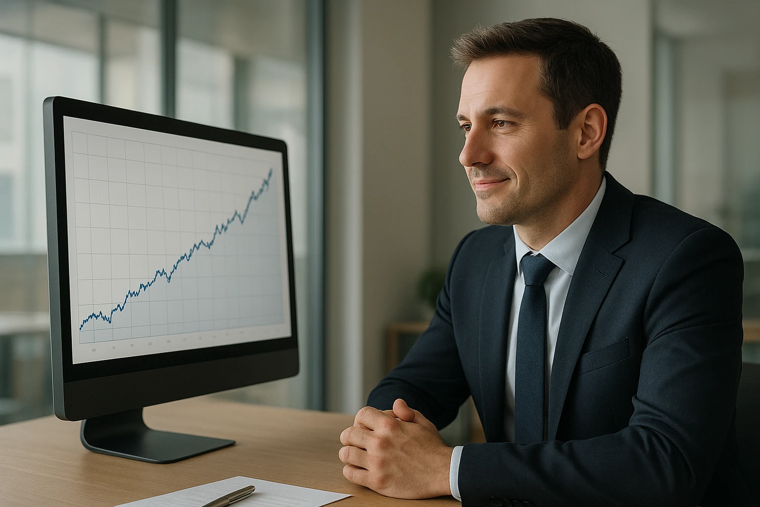 Fotorealistische Editorial-Aufnahme eines professionellen Finanzberaters im modernen B&uuml;ro, der auf einem Bildschirm einen langfristig steigenden Aktienchart eines US-Aktienfonds betrachtet, dezentes L&auml;cheln, Seriosit&auml;t und Vertrauen, nat&uuml;rliche Hautt&ouml;ne, neutral-warme Farbtemperatur, weiches Tageslicht, keine Logos, kein Text, realistische Details.