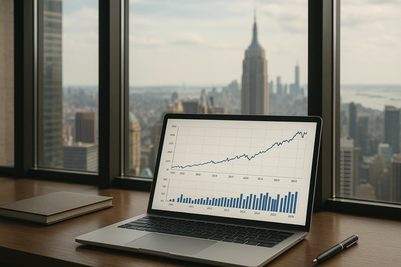 Nat&uuml;rliche, realistische Szene mit einem stilisierten, aber glaubw&uuml;rdigen B&ouml;rsenumfeld: gro&szlig;e Fenster mit Blick auf eine amerikanische Skyline, Laptop mit Portfolio- und Performance-Diagrammen eines US-Aktienfonds &uuml;ber fast 30 Jahre, ruhige Atmosph&auml;re, hochwertige Business-Fotografie, ausgewogene Farben, keine Marken, kein Text, keine &uuml;bertriebenen Effekte.
