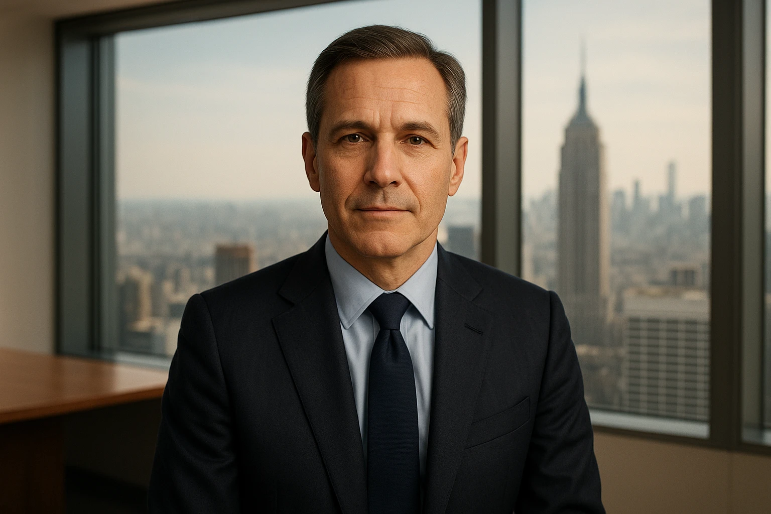 Fotorealistisches Editorial-Portr&auml;t von David Alger, einem erfahrenen US-Fondsmanager und Wall-Street-Insider, in einem modernen Finanzb&uuml;ro mit Blick auf die New Yorker Skyline, seri&ouml;se Business-Kleidung, selbstbewusster, ruhiger Ausdruck, nat&uuml;rliche Hautt&ouml;ne, realistische Details, dezente warme Farbtemperatur, weiches Tageslicht, hochwertige Magazin-Fotografie, ohne lesbaren Text, ohne Logos