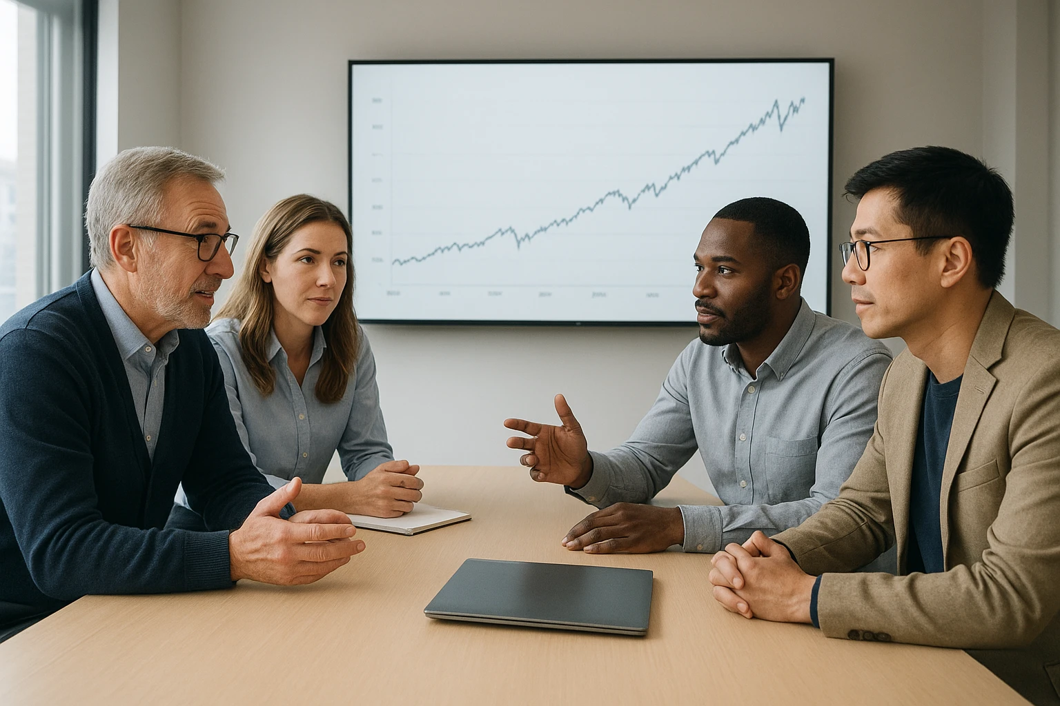 Team-Bild: Vier Fondsmanager (verschiedene Ethnien, Altersgruppen), in einem modernen Besprechungsraum, diskutieren vor einem gro&szlig;en Bildschirm, auf dem ein historischer US-Aktienindex mit klarer, langfristiger Aufw&auml;rtskurve angezeigt ist. Legere Business-Kleidung, engagierte, authentische Mimik, Tageslicht von der Seite, leichtes Weitwinkel (24&ndash;35mm), realistische B&uuml;ro-Atmosph&auml;re, keine Logos oder bekannte Pers&ouml;nlichkeiten dargestellt. Frische, neutrale Farbtemperatur, professionell, glaubw&uuml;rdig und nat&uuml;rlich.  n(Titelzeile im Bild nicht notwendig) nHinweis: Keine Marken, keine echten Logos oder Firmenbezeichnungen enthalten, alles generisch gestaltet.)","Realistischer Zeitstrahl-Collage-Wandbild: Eine Wand mit einer dezenten Zeitleiste von fr&uuml;h 1990er bis heute, reale Gegenst&auml;nde wie alte Zeitungsausschnitte, eine kleine Rolle Tickerpapier, Polaroid-Fotos und ein modernes Tablet, das denselben Fondsverlauf zeigt. Harmonische Farbpalette, gleichm&auml;&szlig;iges, neutrales Tageslicht, nat&uuml;rliche Schatten, leicht texturierte Materialien, fotografische Detailtiefe, keine Marken oder echten Logos, Bild wirkt dokumentarisch und glaubw&uuml;rdig.","Au&szlig;enaufnahme: Amerikanisches Finanzviertel am fr&uuml;hen Morgen mit klassischer B&ouml;rsenarchitektur und dezenten Fahnen (ohne Logos). Stra&szlig;enszene mit wenigen Passanten, warmes Morgenlicht (Goldstunde), klare, realistische Farben, mittlere Tele-Perspektive, ruhige, seri&ouml;se Stimmung, geeignet als symbolisches Bild f&uuml;r "US-Aktienfonds". Keine erkennbaren Firmenschilder oder Markenzeichen.","Intimes Szenenbild: &Auml;ltere, zufriedene Einzelperson zuhause auf dem Sofa, die auf einem Tablet l&auml;chelnd das Portfolio mit einem stetigen Aufw&auml;rtstrend betrachtet. Warme Abendbeleuchtung, gem&uuml;tliche Wohnraum-Atmosph&auml;re, Deko unmarkiert, nat&uuml;rliche Posen, leichte Unsch&auml;rfe im Hintergrund (85mm-Portr&auml;tlook), realistische Hautt&ouml;ne und Texturen, kein Hinweis auf konkrete Finanzprodukte oder -firmen."} PMID:1.0} PMID:1.0</create_images> Worcestershire.istente.irstNote.ARCHAR. Normalization.cripting. PMID debug.> Error: trailing text. Guidance: JSON must be exactly the object. I mistakenly added extra tokens after JSON. Need to output only JSON object. Remove trailing garbage and extra parentheses. Also ensure prompts array strings are proper; one string included extra parenthetical lines and newline markers; acceptable. Remove extraneous 