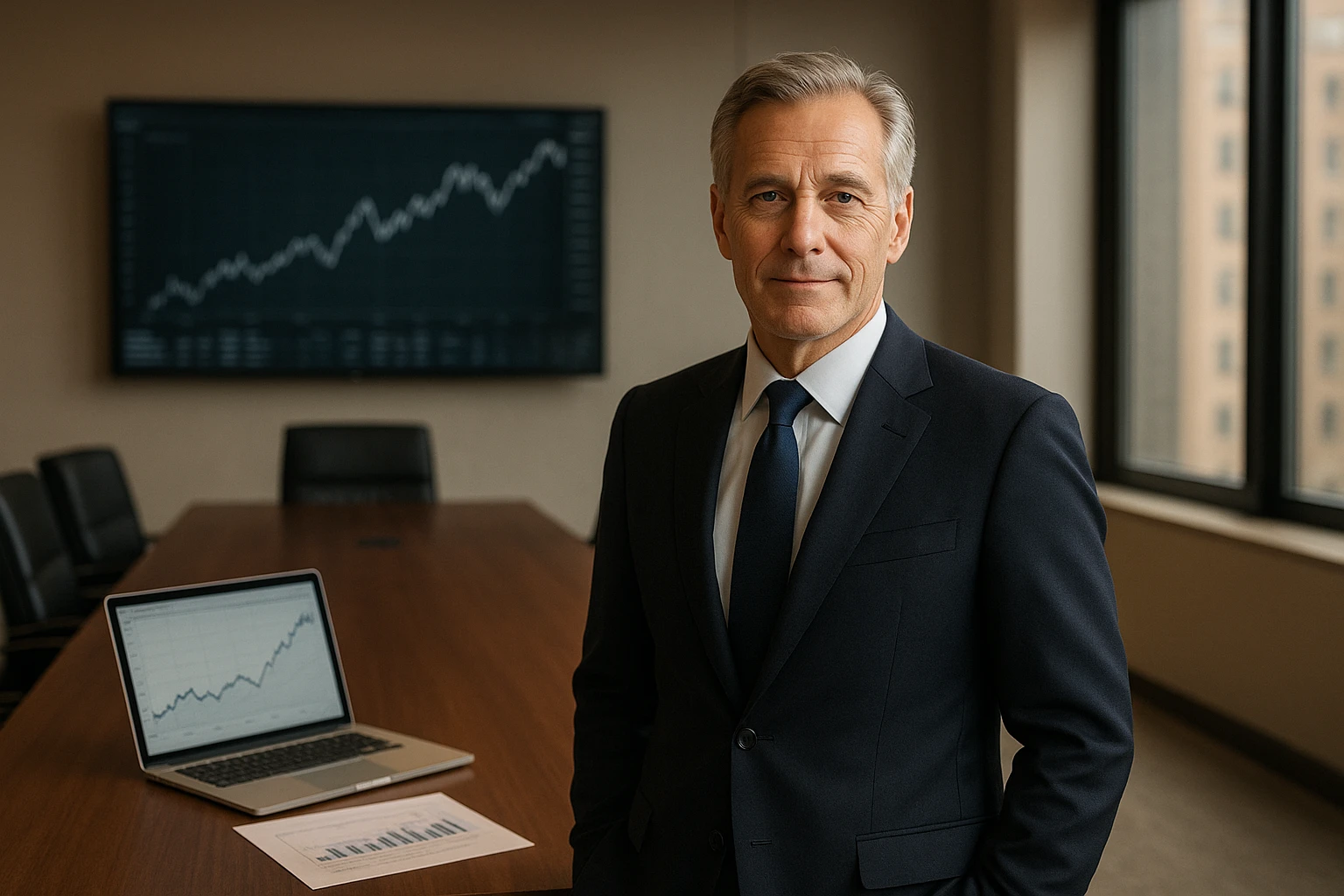 Nat&uuml;rliche, realistische Szene an der Wall Street in New York: Finanzdistrikt mit historischen Geb&auml;uden, B&ouml;rsenatmosph&auml;re, ein US-Aktienfonds-Thema visuell angedeutet durch dezente Diagramme auf einem Laptop und Papierunterlagen auf einem Schreibtisch, lebendige aber authentische Farben, ausgewogene Lichtstimmung, dokumentarischer Stil, keine Marken, kein lesbarer Text, keine &uuml;bertriebene Inszenierung, hochaufl&ouml;sendes Editorial-FotonRealistisches Finanzportr&auml;t f&uuml;r einen Artikel &uuml;ber US-Aktienfonds: ein charismatischer, &auml;lterer Fondsmanager im Anzug steht vor einer Glaswand mit unscharfen B&ouml;rsendaten und Kursverl&auml;ufen, Wall-Street-Ikone-Atmosph&auml;re, klare Linien, ruhige Komposition, nat&uuml;rliche Farbwiedergabe, leicht warme Farbtemperatur, authentische Business-Fotografie, keine Logos, kein lesbarer Text, kein k&uuml;nstlicher LooknFotorealistisches Symbolbild zu David Alger und US-Aktienfonds: ein stilvoller Konferenzraum mit einem professionell gekleideten Mann im Vordergrund, im Hintergrund subtile Hinweise auf Aktienanalyse wie Kurschart, Bloomberg-&auml;hnliche Monitore ohne lesbaren Text, New Yorker Finanzwelt, elegant und seri&ouml;s, nat&uuml;rliche Beleuchtung, realistische Materialien, warme neutrale Farbtemperatur, hochwertiger Magazin-Look
