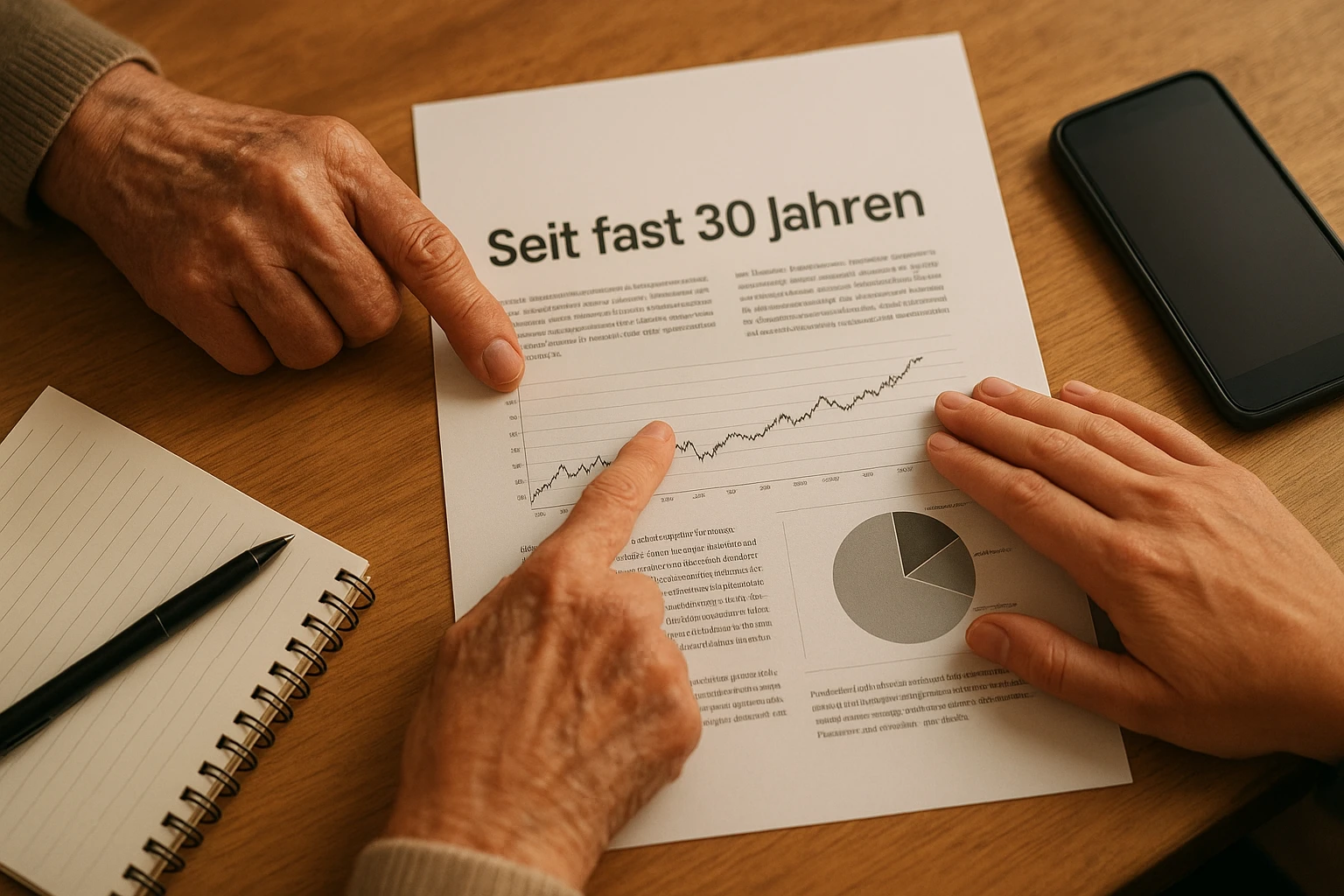 Nahaufnahme von zwei H&auml;nden (diverses Alter/Geschlecht), die gemeinsam ein gedrucktes Fondsdatenblatt betrachten. &Uuml;berschrift auf dem Blatt: "Seit fast 30 Jahren". Auf dem Tisch Stift, Notizblock und ein Smartphone mit unkenntlichem Display. Weiche, warme Beleuchtung, Oberansicht, realistische Hautt&ouml;ne, gro&szlig;artige Detaildarstellung (50mm-Feel), nat&uuml;rlicher, ungestellter Moment, keine Marken.