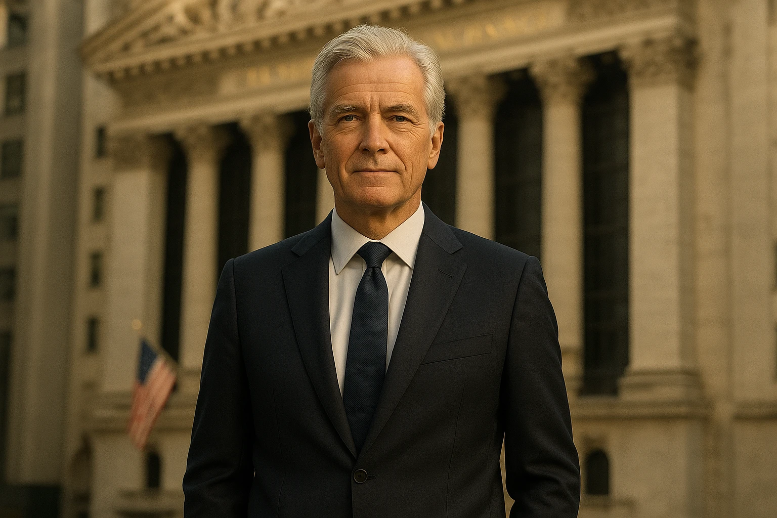 Gro&szlig;formatiges Hero-Bild: David Alger, fotorealistische Darstellung eines &auml;lteren, gepflegten Investmentmanagers im dunklen Anzug, steht selbstbewusst vor der Fassade der New York Stock Exchange bei weichem Morgenlicht. Leichte Tiefensch&auml;rfe, nat&uuml;rliche warme Farbtemperatur, amerikanische Flaggen im Hintergrund, 35mm, hohe Aufl&ouml;sung, realistische Hautt&ouml;ne, kein Filter, n&uuml;chterne journalistische Bildsprache.