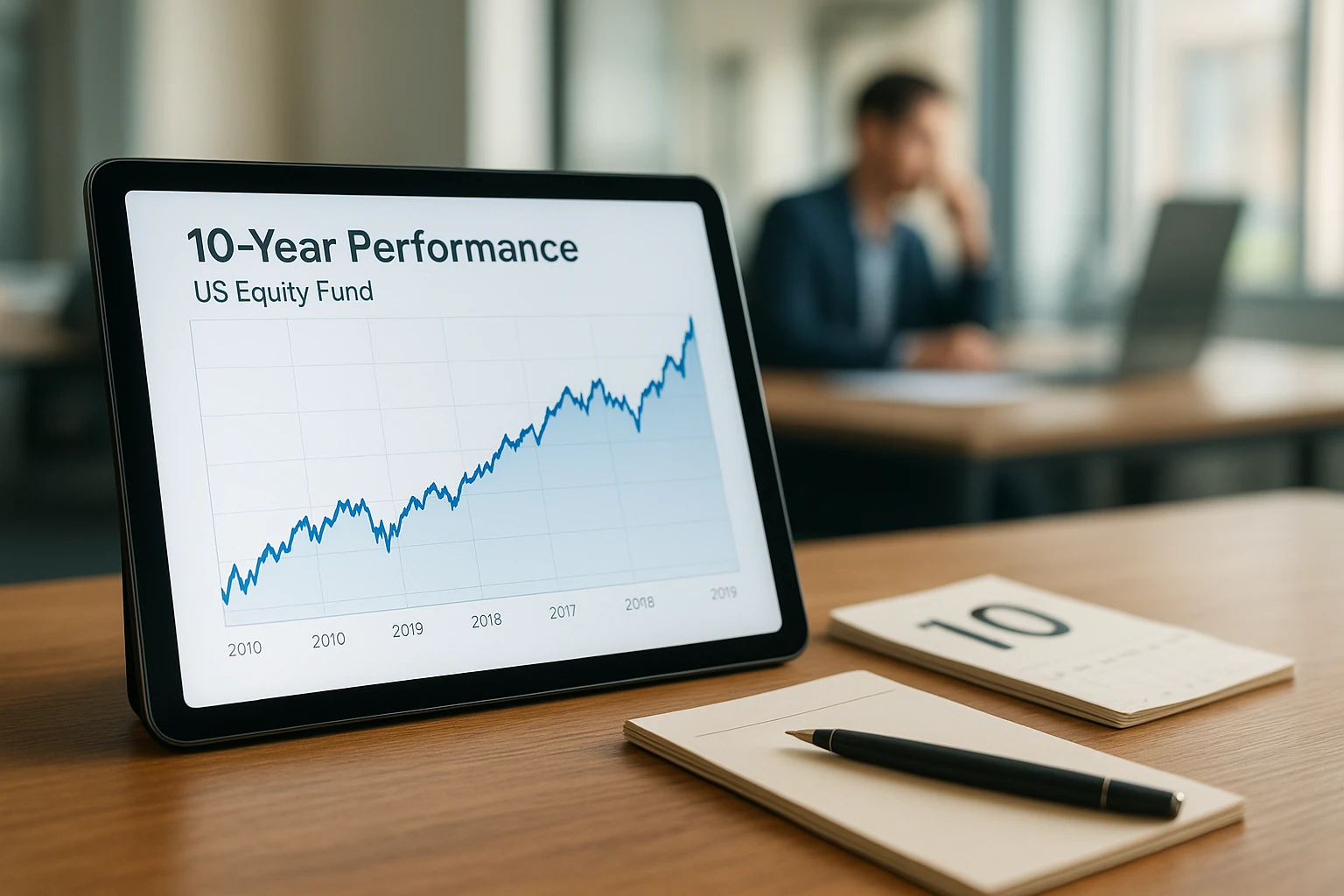 Realistische Nahaufnahme eines Tablets auf einem Holztisch mit einer professionellen Performance-Kurve eines US-Aktienfonds über 10 Jahre, im Hintergrund unscharf ein modernes Büro und eine Person, die die Entwicklung analysiert, natürliches Tageslicht, ausgewogene Farbtemperatur, clean und glaubwürdig, keine Texte im Bild lesbar.nFotorealistisches Motiv einer Finanzanalyse-Situation: Monitor mit mehreren Renditezyklen eines US-Aktienfonds über zehn Jahre, daneben Kalenderblätter und ein Notizblock, die den 10-Jahres-Zyklus symbolisieren, dezente Gold- und Blautöne, natürliches Licht, realistische Reflexionen, keine Marken oder Wasserzeichen.