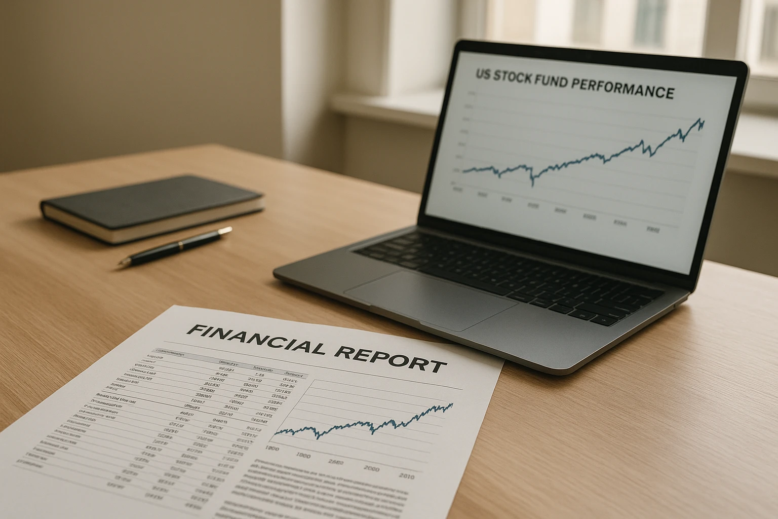 Ein realistisches Editorial-Foto eines US-Aktienfonds-Themas: ein ruhiger, moderner Arbeitsplatz mit einem Finanzreport, Laptop und einer dezent eingeblendeten Performance-Kurve &uuml;ber mehrere Jahrzehnte, nat&uuml;rlicher Lichteinfall, neutrale bis leicht warme Farbtemperatur, seri&ouml;ser Magazin-Stil, hohe Detailtreue, keine Logos, keine Marken, keine &uuml;bertriebenen Grafiken.