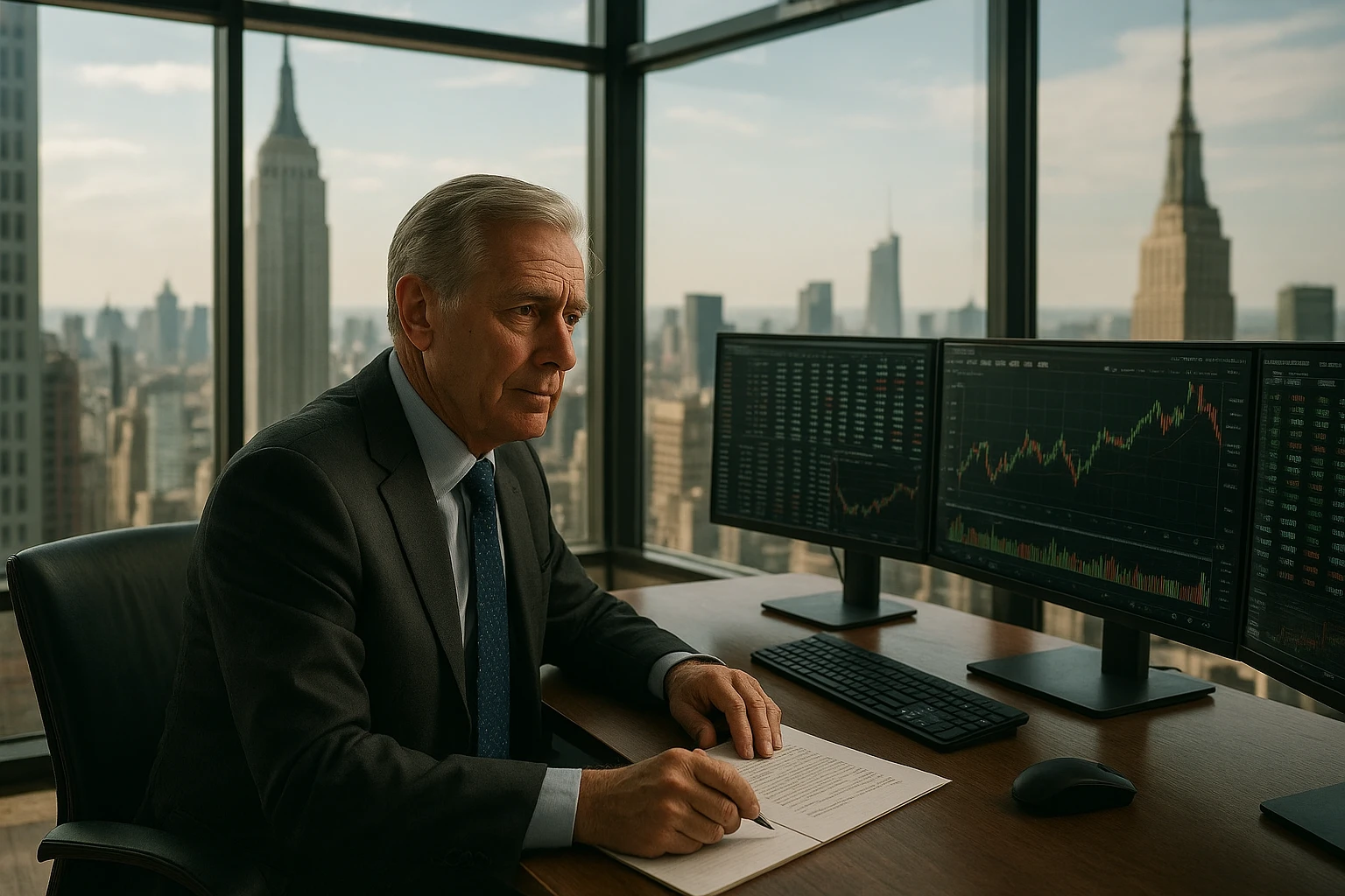 Realistische Szene auf der Wall Street mit einem erfahrenen US-Aktienfonds-Manager in einem Glasbüro mit Blick auf die New Yorker Skyline, Bildschirme mit Börsendaten im Hintergrund, natürliches Licht, ausgewogene Kontraste, authentische Arbeitsatmosphäre, leicht warme Farbtemperatur, dokumentarischer Stil, keine Textüberlagerungen, Querformat, hohe Detailtreue,