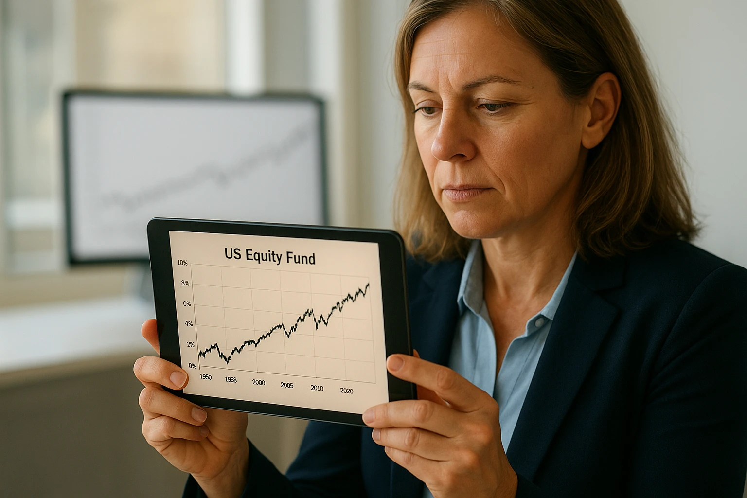 Realistische Nahaufnahme eines Investors oder einer Investorin mittleren Alters, der oder die auf einem Tablet langfristige Renditezahlen eines US-Aktienfonds betrachtet; im Hintergrund unscharf ein helles B&uuml;ro und ein Bildschirm mit einer dezenten Zeitreihe &uuml;ber Jahrzehnte, nat&uuml;rliche Farben, ausgewogene Kontraste, glaubw&uuml;rdige Stimmung, journalistische Fotografie, keine Marken, keine Fantasieelemente.