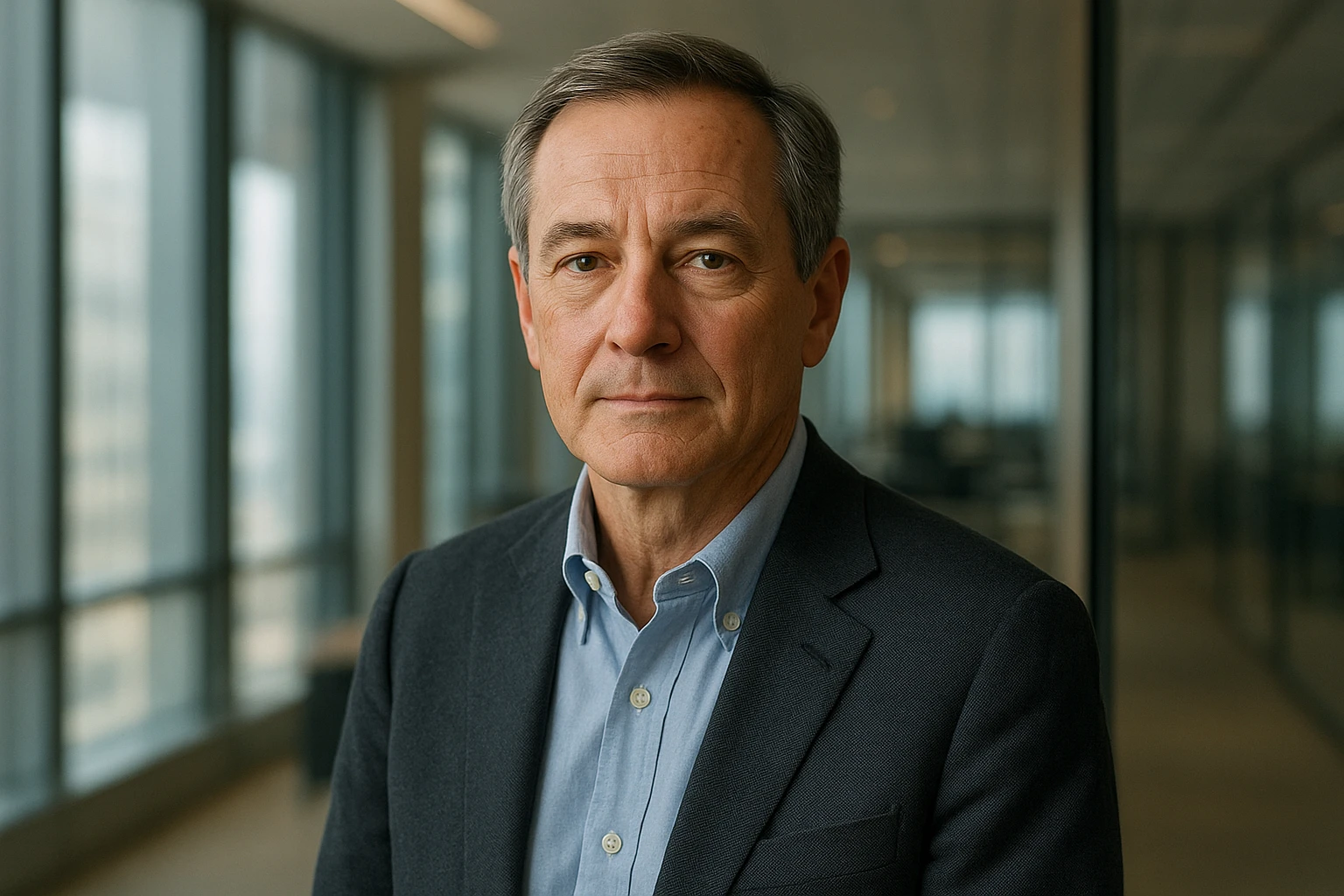 Fotorealistisches Porträt von David Alger, Wall-Street-Ikone und US-Fondsmanager, in einem modernen Finanzbüro mit dezentem Blick in die Kamera, business-casual Anzug, natürliche Hauttöne, realistische Details, weiches Tageslicht, neutrale bis leicht warme Farbtemperatur, seriöse journalistische Bildsprache, keine Texte, keine Logos, Hochformat