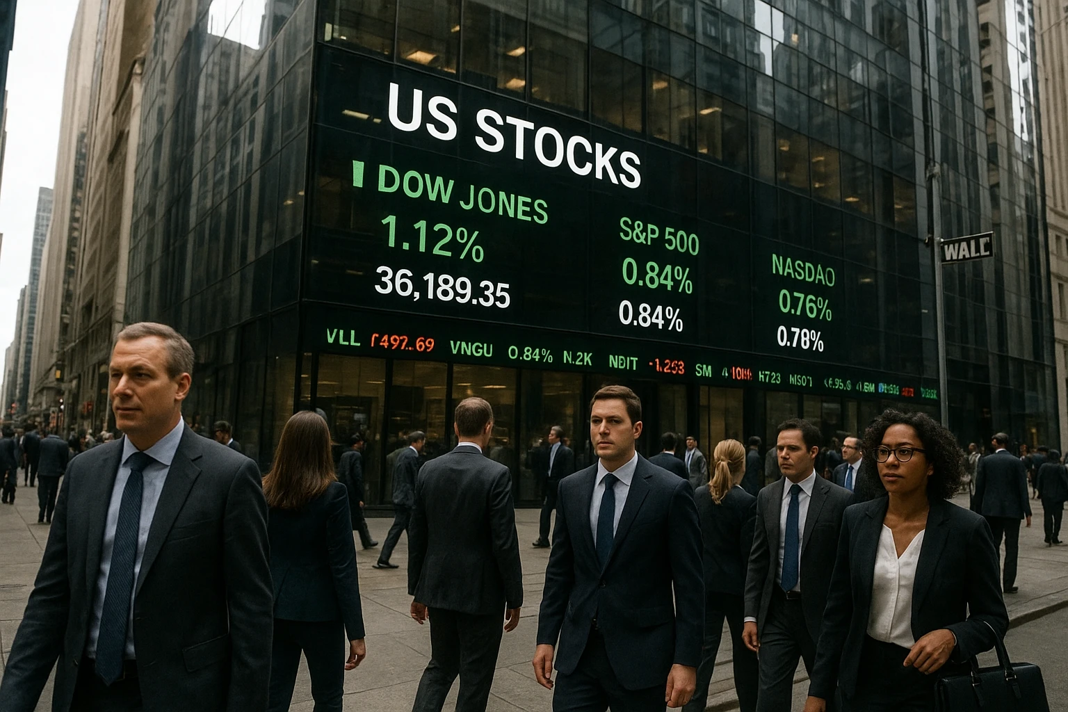 Realistische Szene an der Wall Street mit einem stilisierten Börsenumfeld, Glasfassaden, Menschen in Business-Kleidung, digitale Kursanzeigen im Hintergrund, Fokus auf US-Aktienfonds und Investment-Atmosphäre, natürliche Farben, ausgewogene Tageslicht-Stimmung, dokumentarischer Stil, fotorealistischn