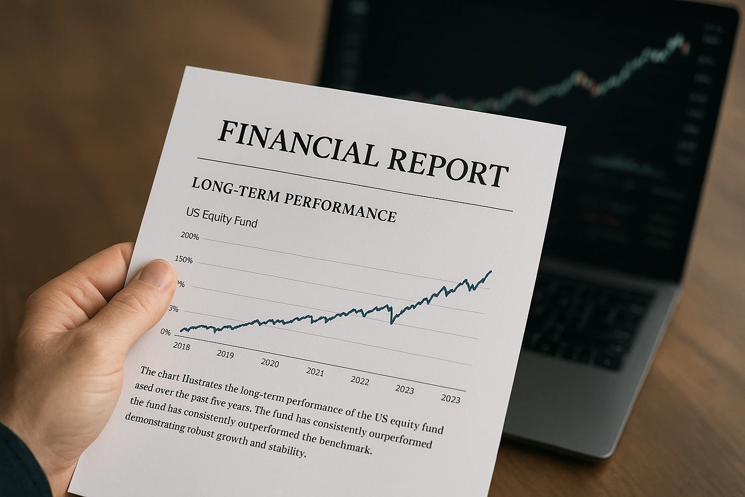 Ein realistisches Editorial-Foto von einer Hand, die einen Finanzbericht mit einer langfristig steigenden Wertentwicklung von US-Aktienfonds h&auml;lt, im Hintergrund unscharf ein Laptop mit B&ouml;rsendaten und einem stabil nach oben verlaufenden Diagramm, seri&ouml;se Stimmung, nat&uuml;rliche Farben, ausgewogene Kontraste, keine grellen Effekte