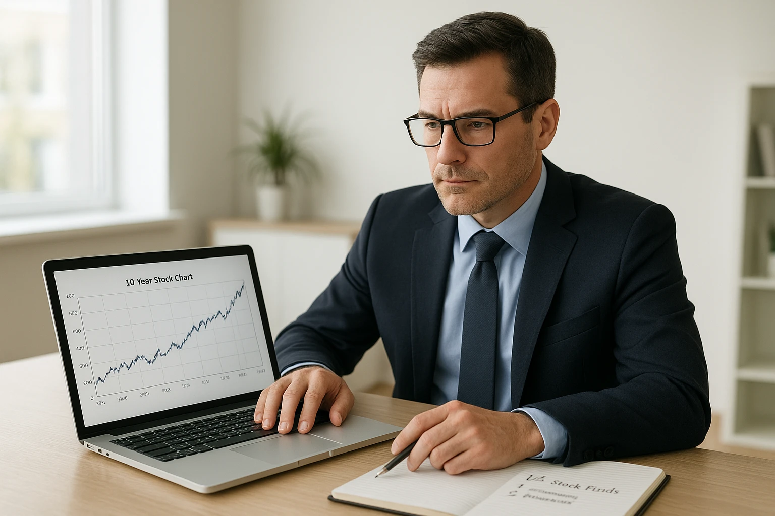 Fotorealistische Editorial-Aufnahme eines seriösen Finanzberaters am Schreibtisch mit Laptop, auf dem ein langfristiger Aktienchart über 10 Jahre zu sehen ist, daneben Notizen zu US-Aktienfonds, helle natürliche Büroumgebung, neutrale Farbtemperatur, realistische Details, keine lesbaren Markennamen oder Logos.