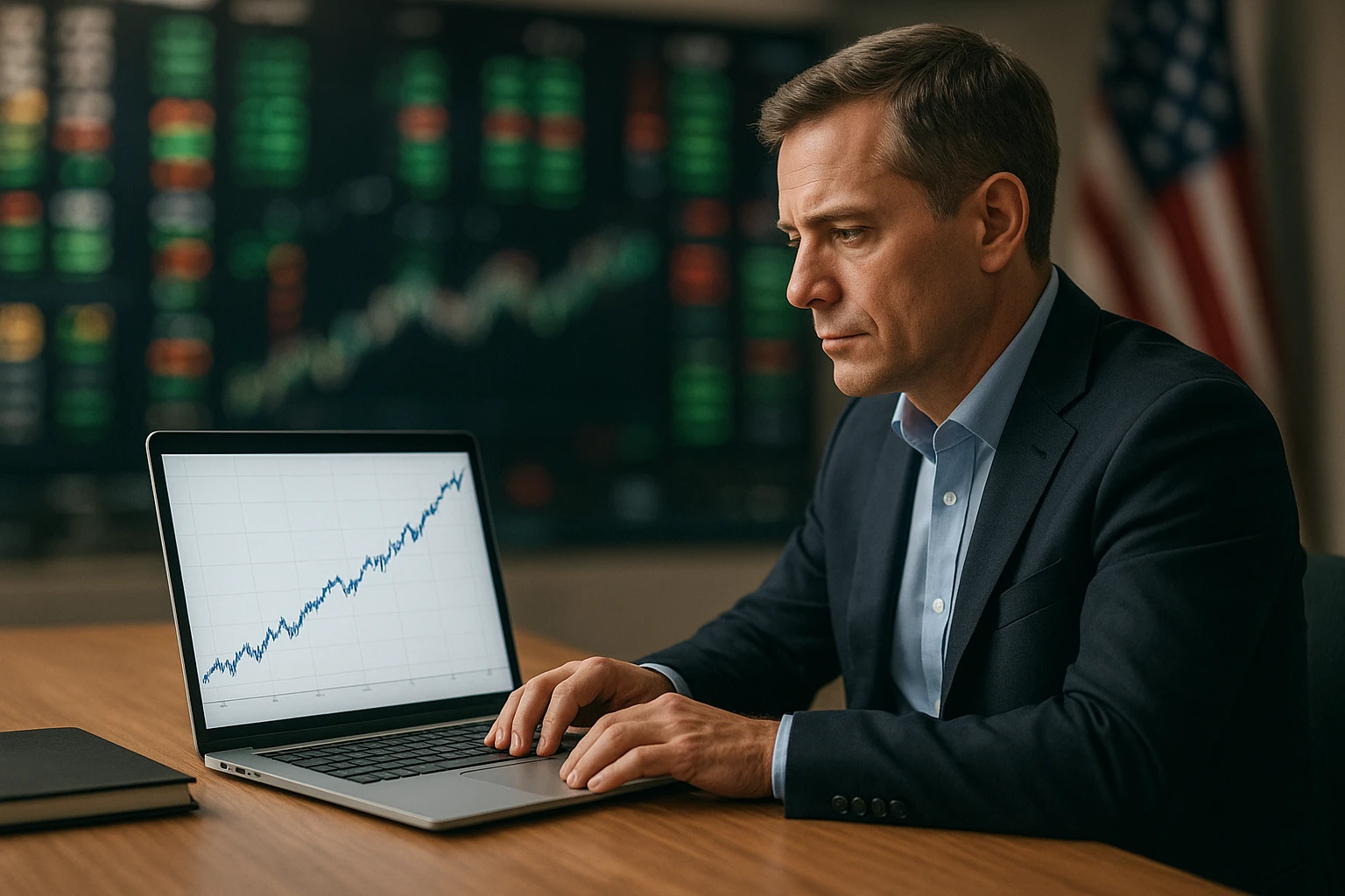 Realistische Aufnahme eines Investors am Schreibtisch mit Laptop, auf dem ein langfristig steigender Aktienchart f&uuml;r einen US-Aktienfonds zu sehen ist, im Hintergrund dezent US-B&ouml;rsenatmosph&auml;re mit abstrakten Handelsanzeigen, ausgewogene nat&uuml;rliche Farbtemperatur, fotorealistisch, kein Text, keine Markenlogos