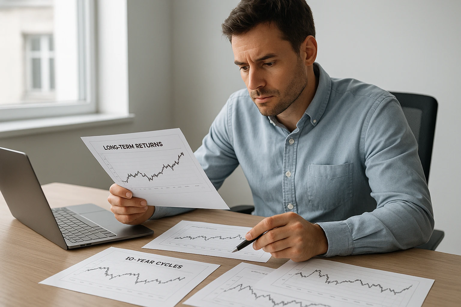 Natürliche, realistische Editorial-Fotografie eines Finanzanalysten an einem modernen Schreibtisch in einem hellen Büro, mehrere Ausdrucke mit langfristigen Renditecharts und 10-Jahres-Zyklen, Laptop, Notizen, dezente US-Aktienmarkt-Anmutung ohne Logos oder lesbaren Text, neutrale Tageslicht-Farbtemperatur, hohe Detailtiefe, authentische Atmosphäre.