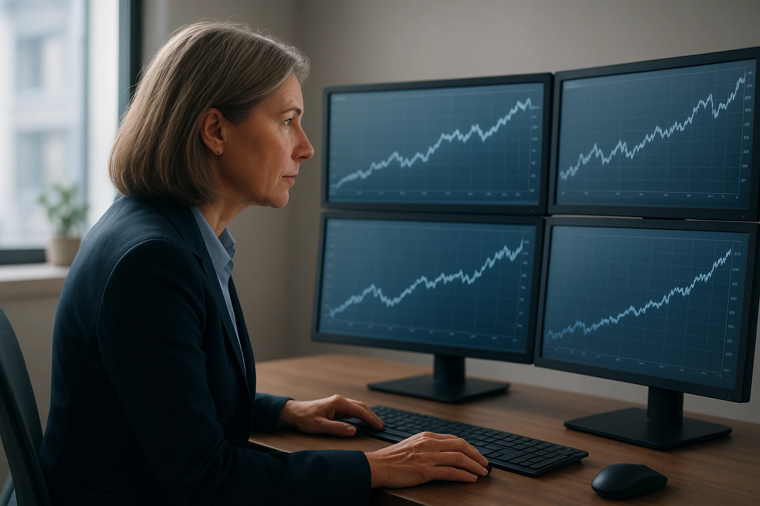 Nat&uuml;rliche, realistische Finanzszene in einem modernen B&uuml;ro: eine erfahrene Fondsmanagerin betrachtet auf mehreren Monitoren langfristige Kurscharts eines US-Aktienfonds, dezente blaue und neutrale Farbt&ouml;ne, professionelle Atmosph&auml;re, weiches Tageslicht, keine Logos, kein Text, fotorealistisch
