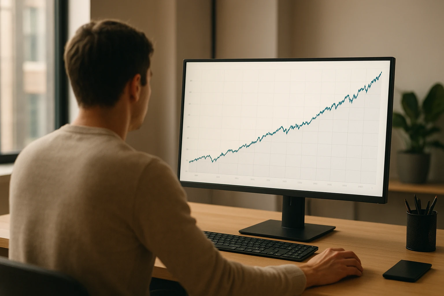Eine realistische Szene in einem modernen Finanzb&uuml;ro: eine Person betrachtet auf einem Monitor die langfristige Wertentwicklung eines US-Aktienfonds &uuml;ber fast 30 Jahre, mit dezentem aufw&auml;rts gerichteten Linienchart, nat&uuml;rlichem Licht, warme neutrale Farbtemperatur, fotografisch realistisch, keine lesbaren Texte im Bild.